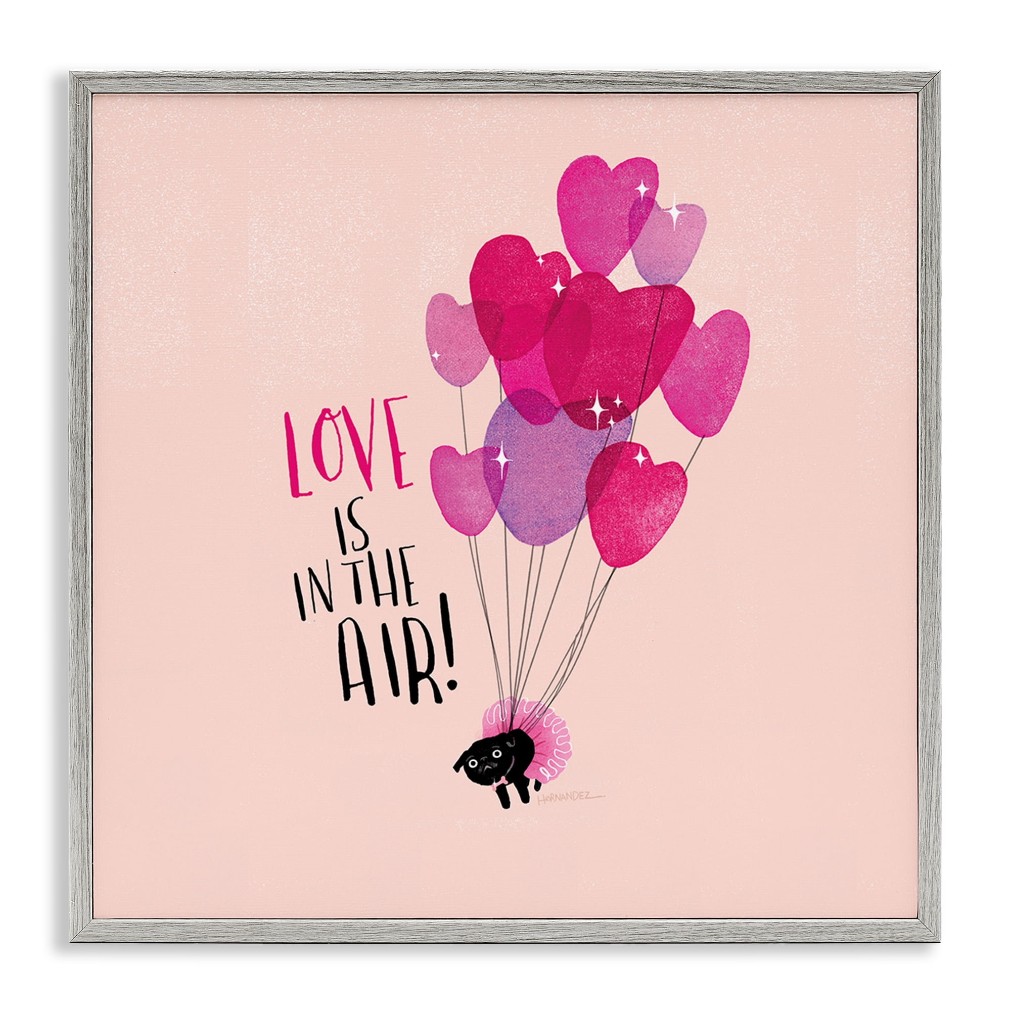 Stupell Industries Love Saying with Cat & Balloons Animals Painting Gray Framed Art Print Wall Art, 24 x 24