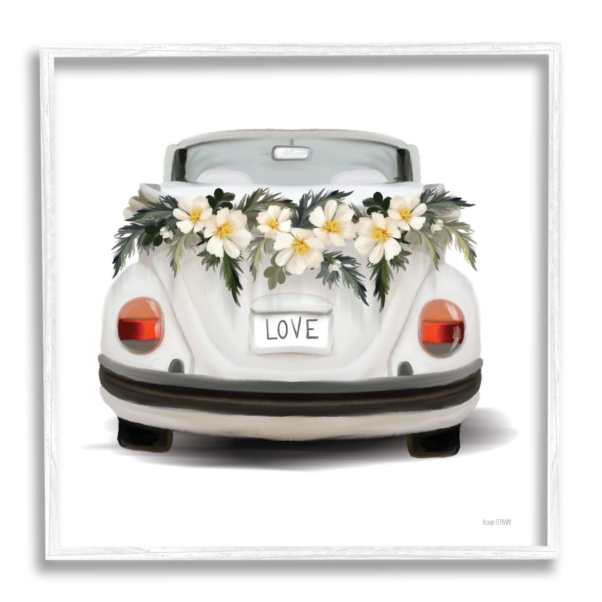 Stupell Industries Love Text White Convertible Car Flower Blossom Wreath Framed Wall Art, 17 x 17, Design by House Fenway