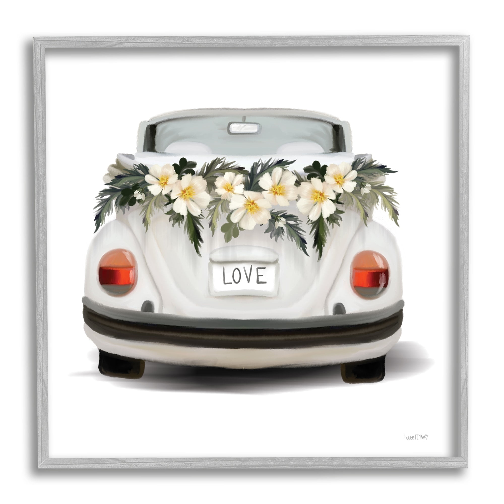 Stupell Industries Love Text White Convertible Car Flower Blossom Wreath Framed Wall Art, 17 x 17, Design by House Fenway