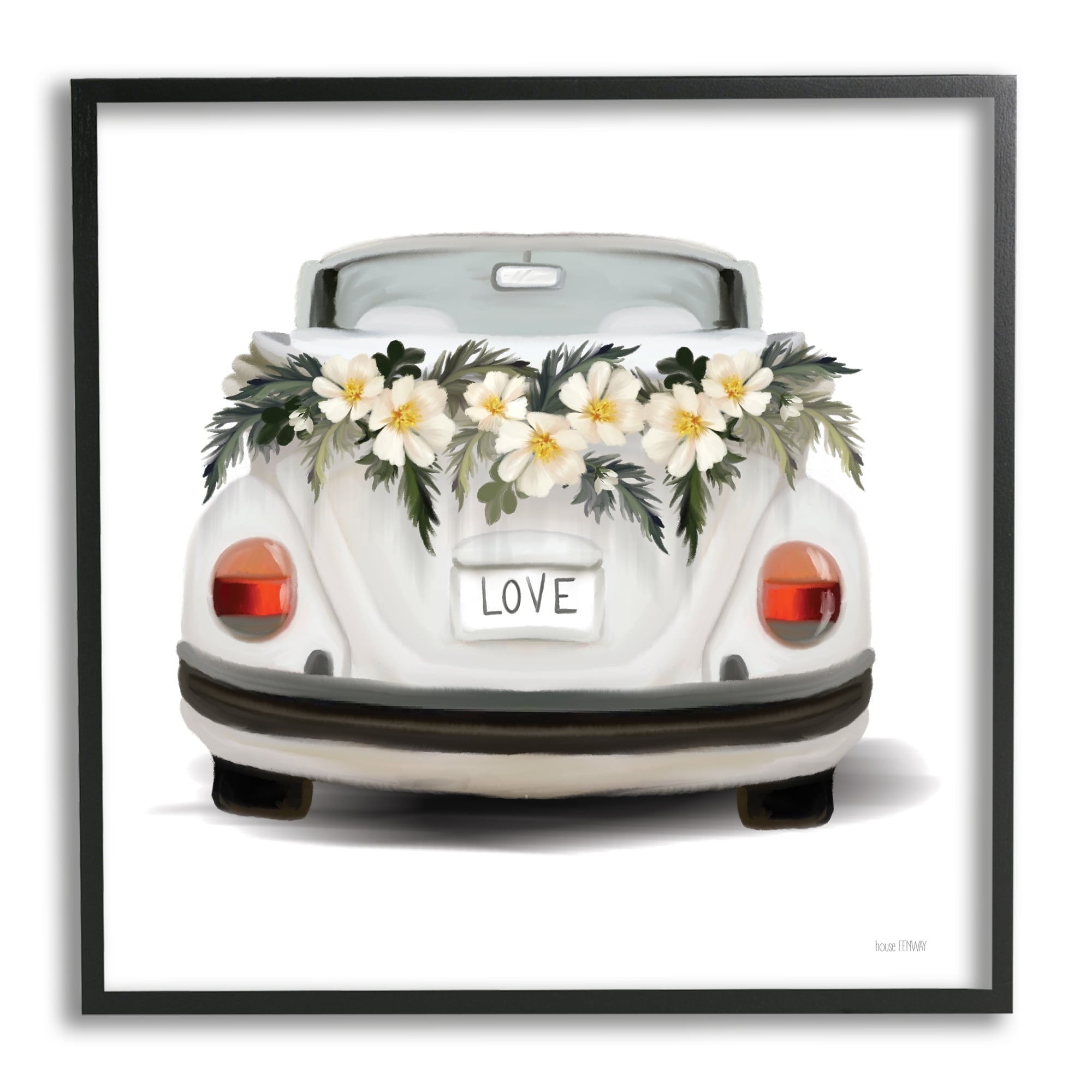 Stupell Industries Love Text White Convertible Car Flower Blossom Wreath Framed Wall Art, 24 x 24, Design by House Fenway