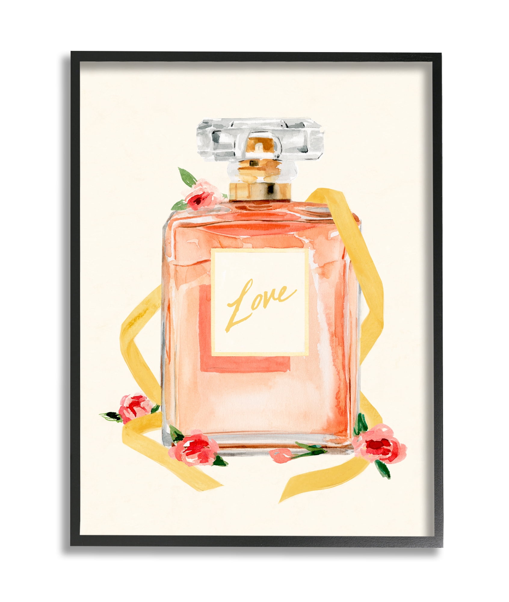Stupell Industries Love Text over Pink Floral Perfume Bottle Black Framed, 11 x 14, Design by Annie Warren
