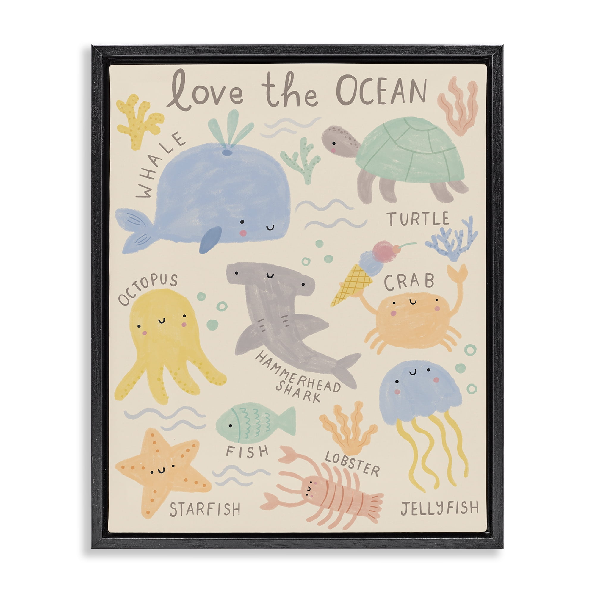 Stupell Industries Love The Ocean Creatures Animals Painting Black Floater Framed Canvas Art Print Wall Art, 25 x 31