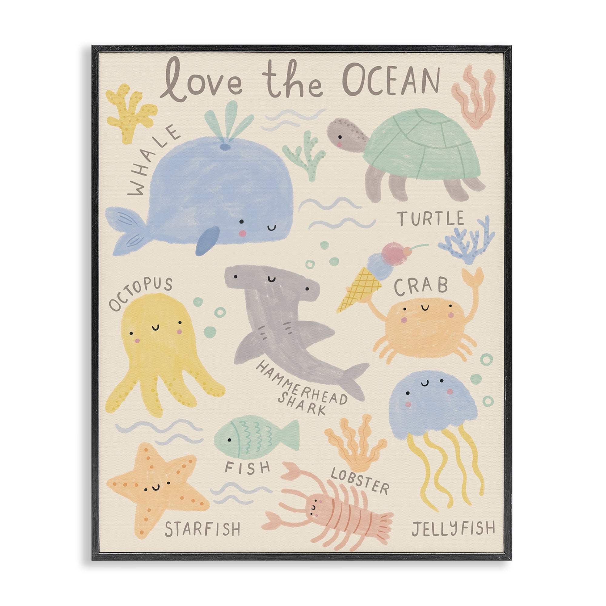 Stupell Industries Love The Ocean Creatures Animals Painting Black Framed Art Print Wall Art, 16 x 20