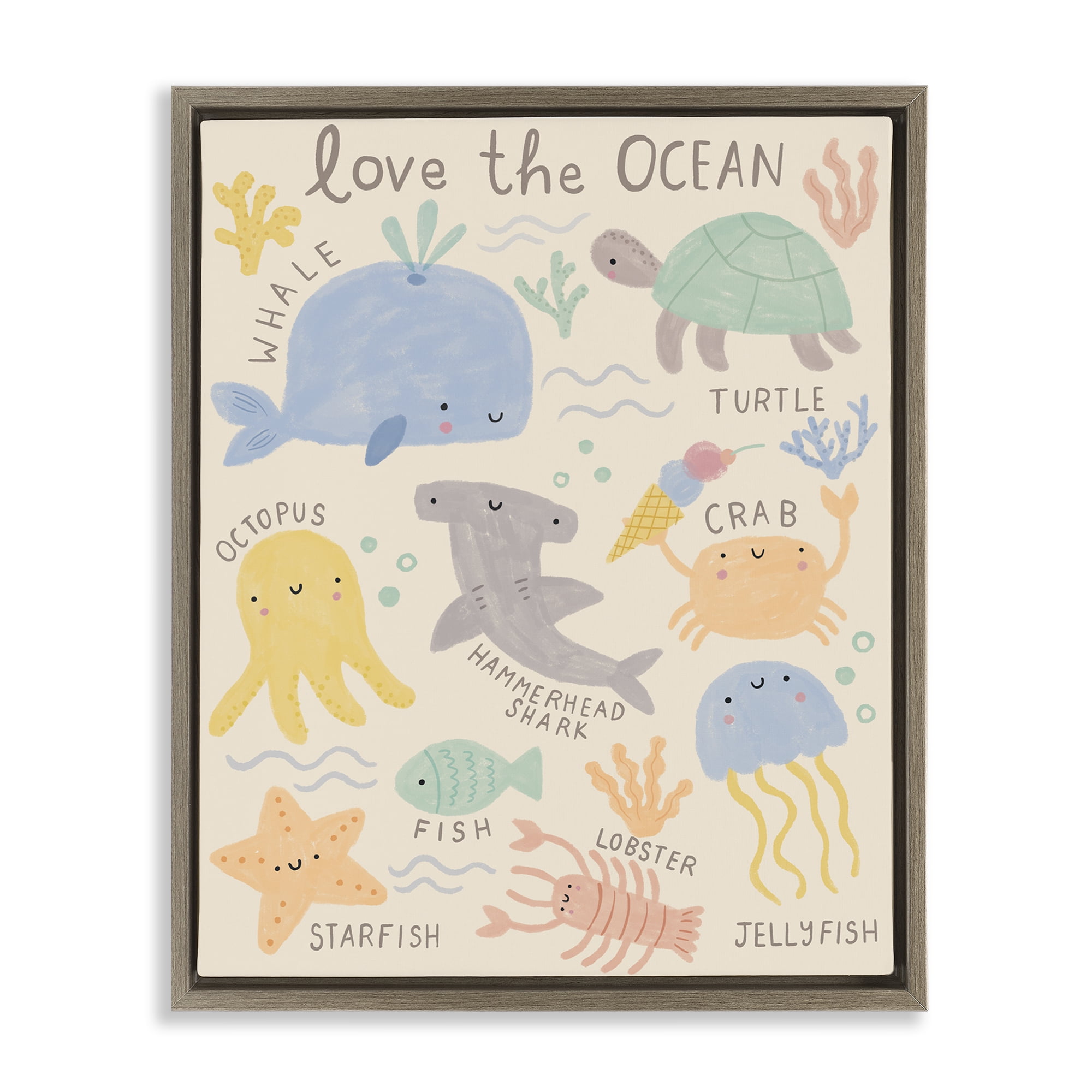 Stupell Industries Love The Ocean Creatures Animals Painting Brown Floater Framed Canvas Art Print Wall Art, 25 x 31