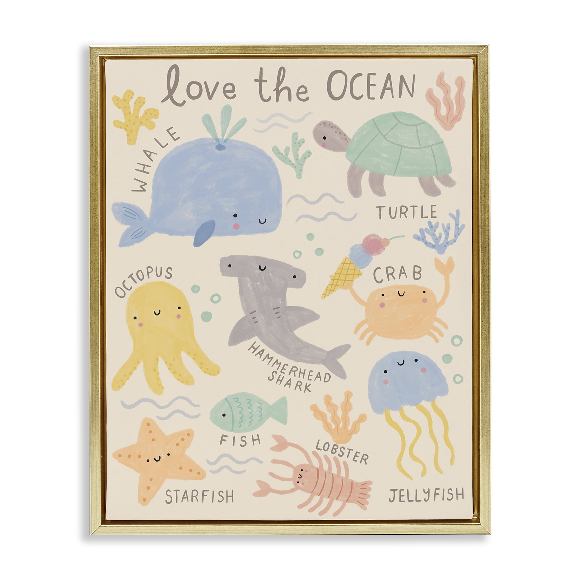 Stupell Industries Love The Ocean Creatures Animals Painting Gold Floater Framed Canvas Art Print Wall Art, 17 x 21