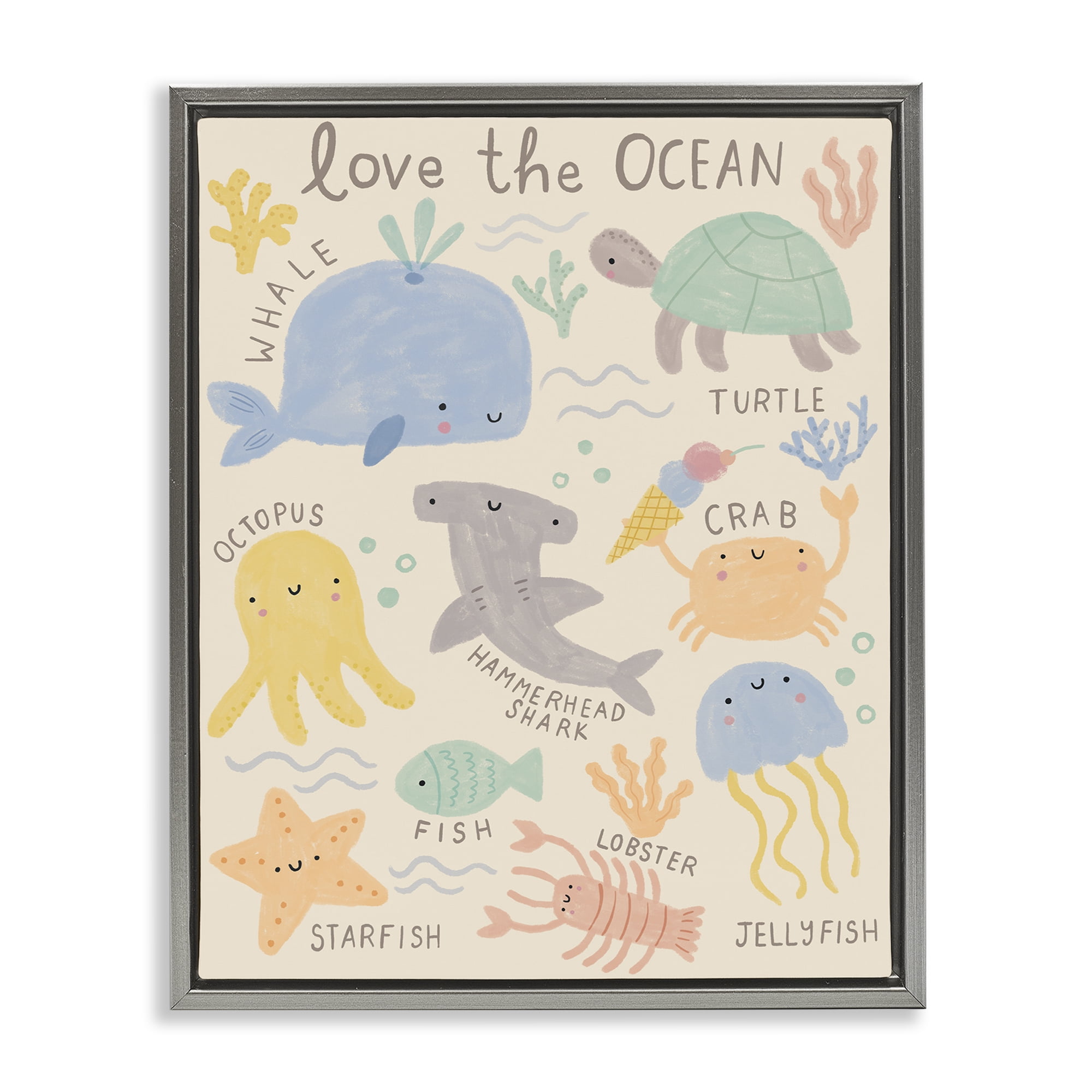 Stupell Industries Love The Ocean Creatures Animals Painting Gray Floater Framed Canvas Art Print Wall Art, 17 x 21