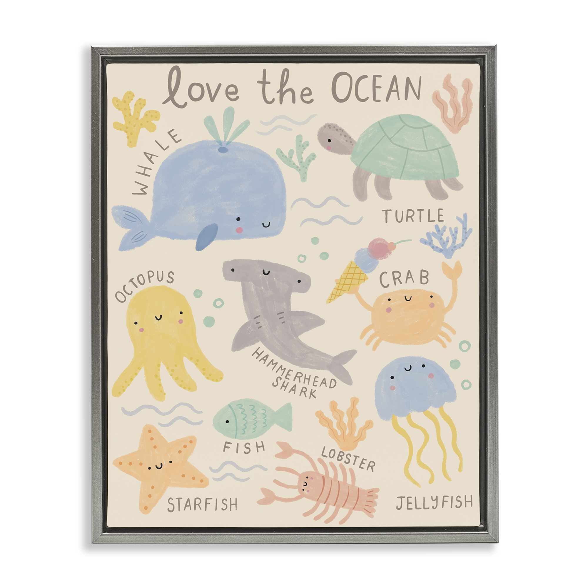 Stupell Industries Love The Ocean Creatures Animals Painting Gray Floater Framed Canvas Art Print Wall Art, 25 x 31