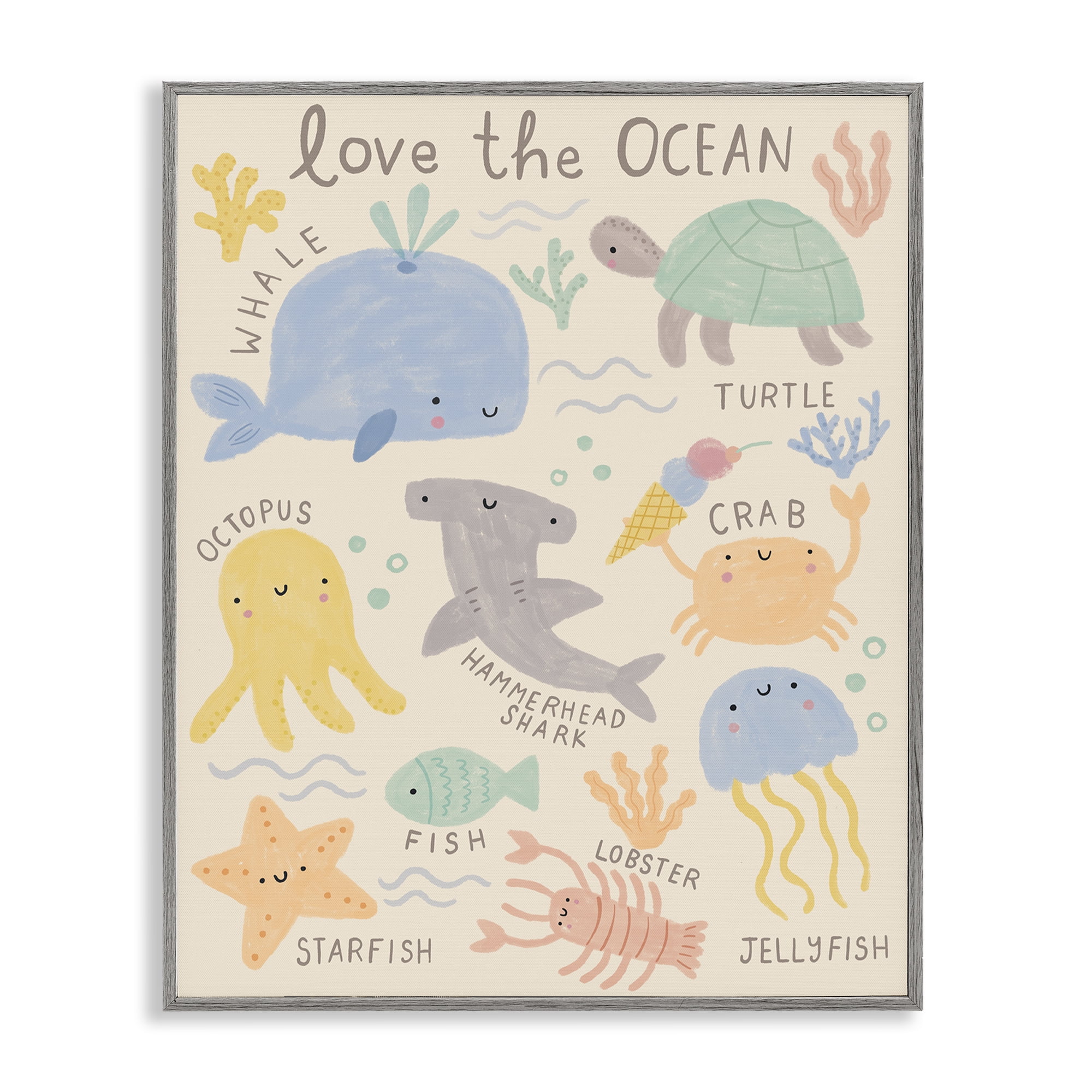 Stupell Industries Love The Ocean Creatures Animals Painting Gray Framed Art Print Wall Art, 24 x 30