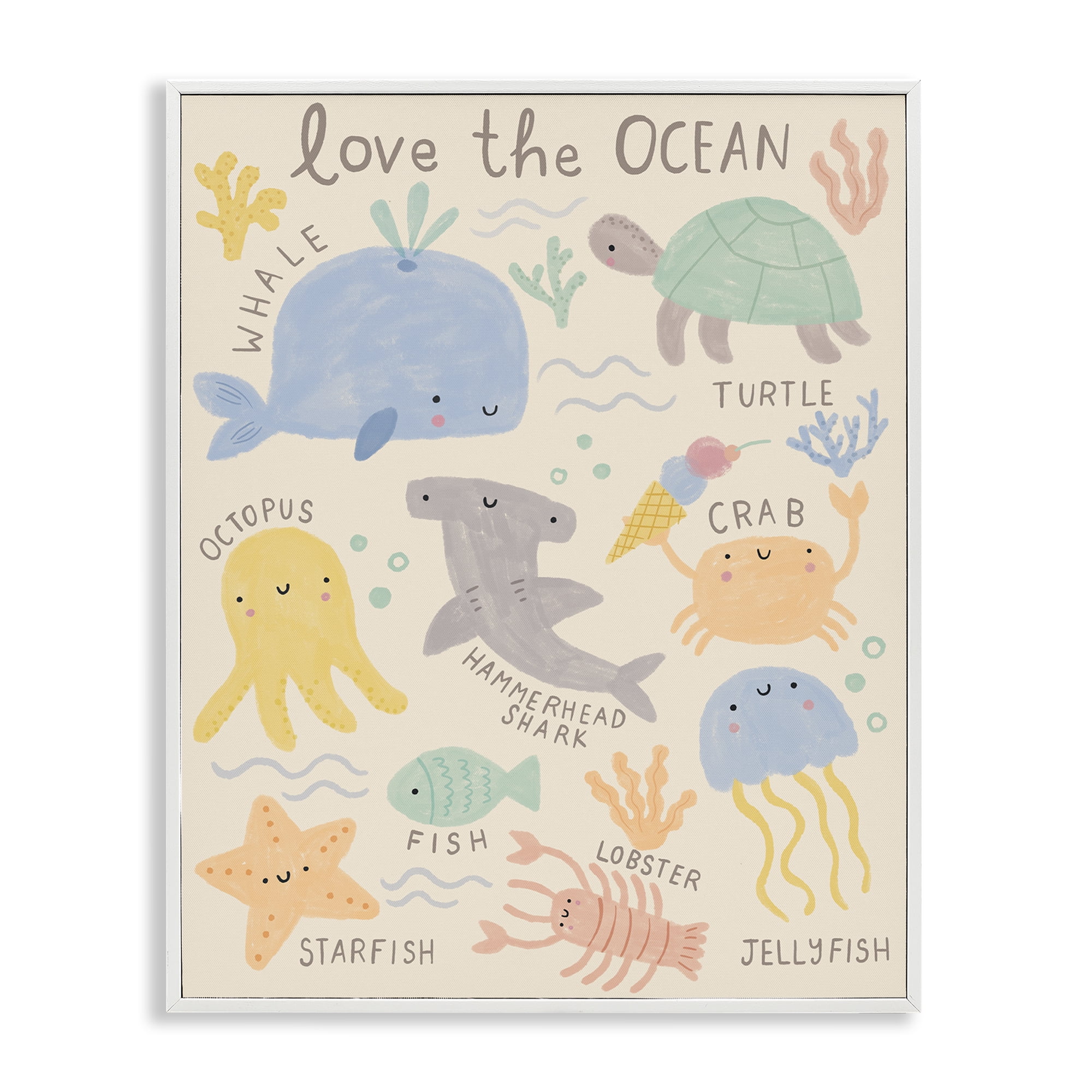 Stupell Industries Love The Ocean Creatures Animals Painting White Framed Art Print Wall Art, 11 x 14