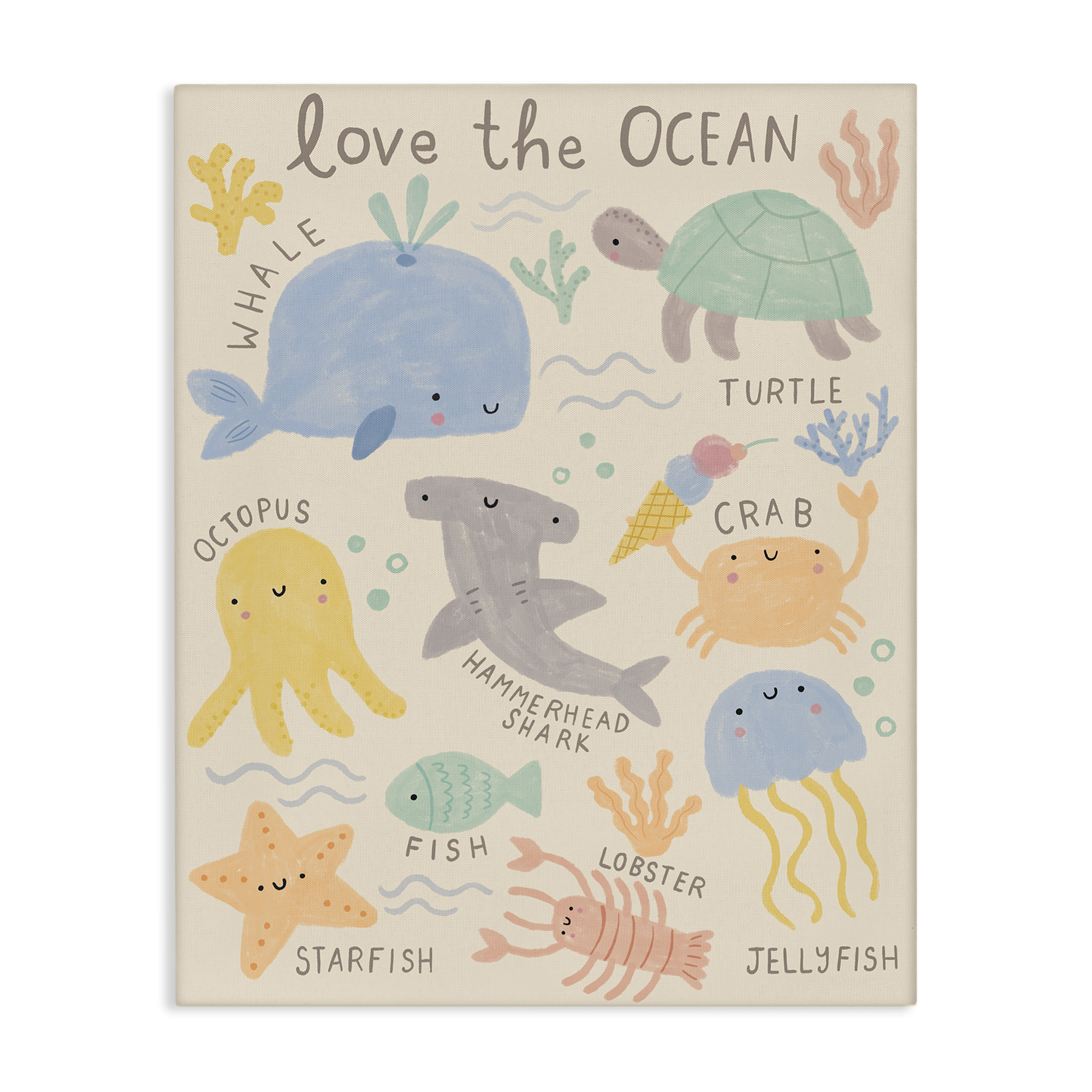 Stupell Industries Love The Ocean Creatures Animals Painting Wrapped Canvas Art Print Wall Art, 16 x 20
