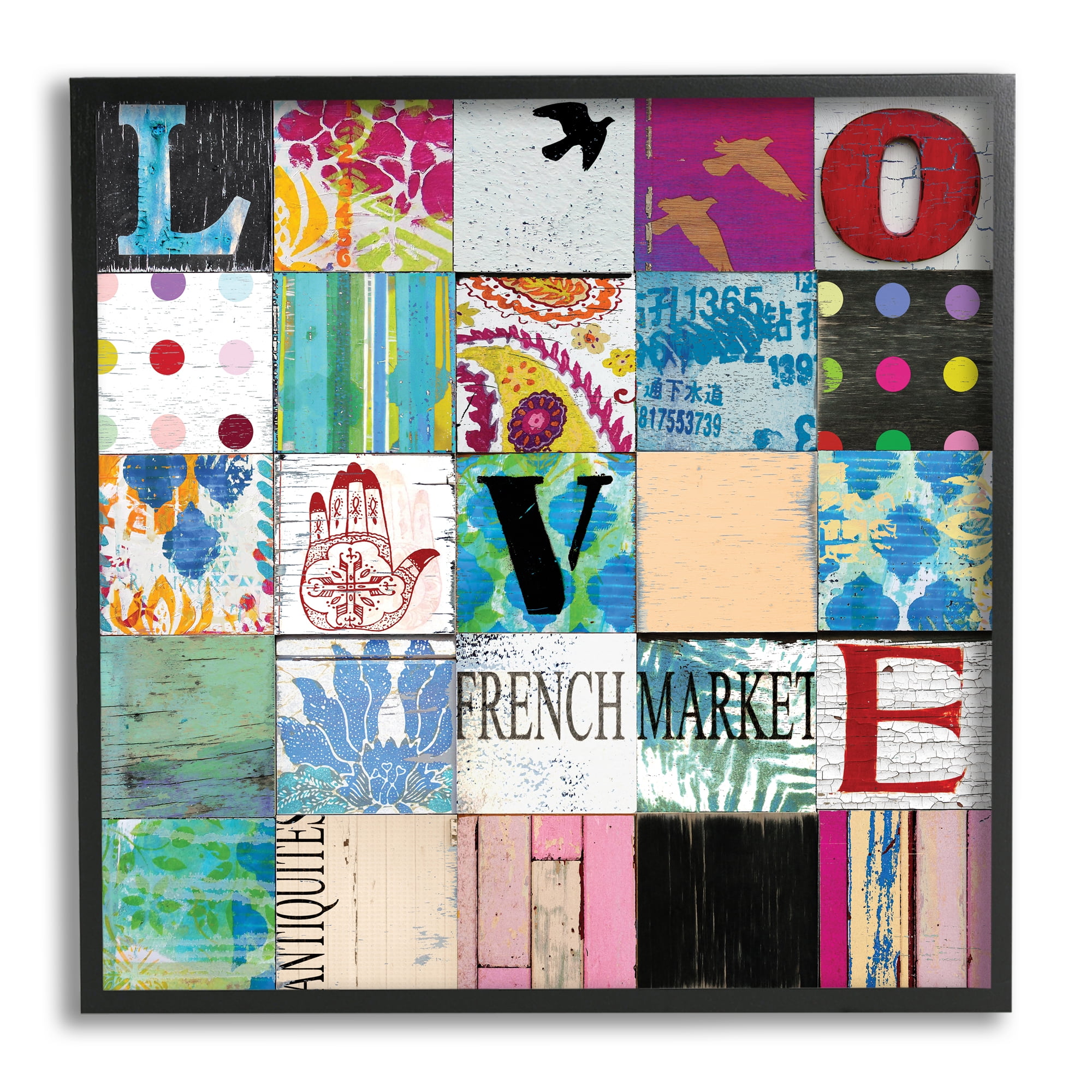 Stupell Industries Love Typography Collage Vintage Icons Patchwork, 12 x 12, Designed by Charlie Carter