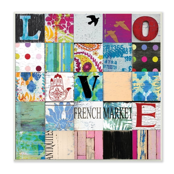 Stupell Industries Love Typography Collage Vintage Icons Patchwork, 12 x 12, Designed by Charlie Carter