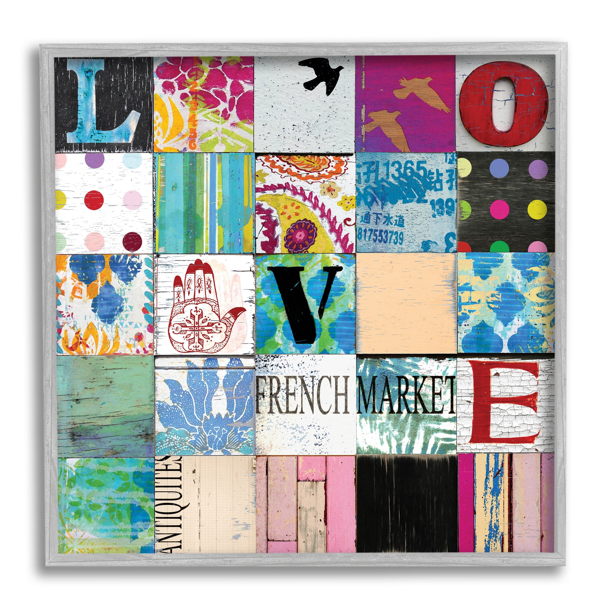 Stupell Industries Love Typography Collage Vintage Icons Patchwork, 12 x 12, Designed by Charlie Carter