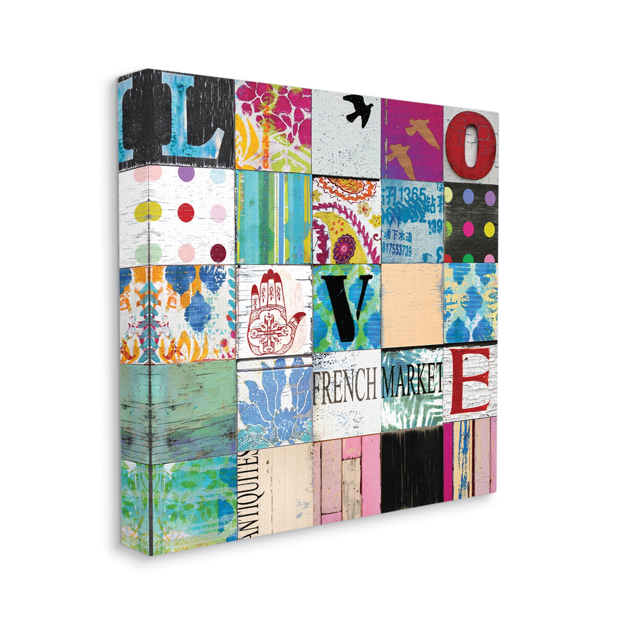 Stupell Industries Love Typography Collage Vintage Icons Patchwork, 36 x 36, Designed by Charlie Carter