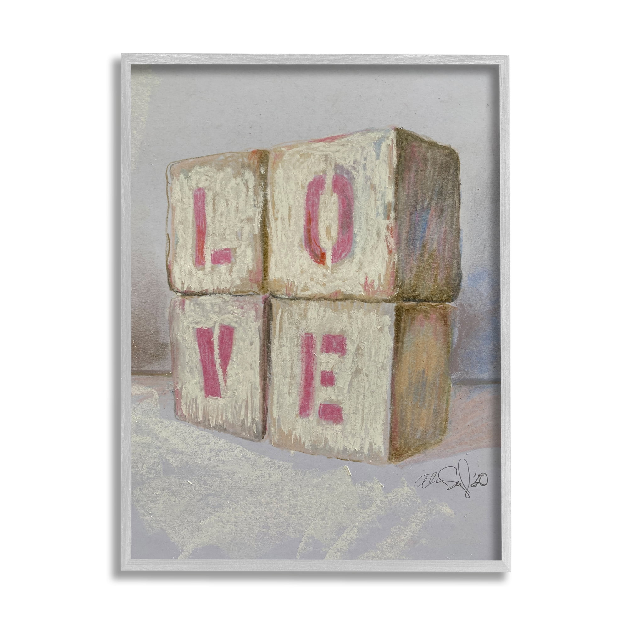 Stupell Industries Love Typography Kids' Building Block Arrangement Inspirational Painting Gray Framed Art Print Wall Art, 16 x 20
