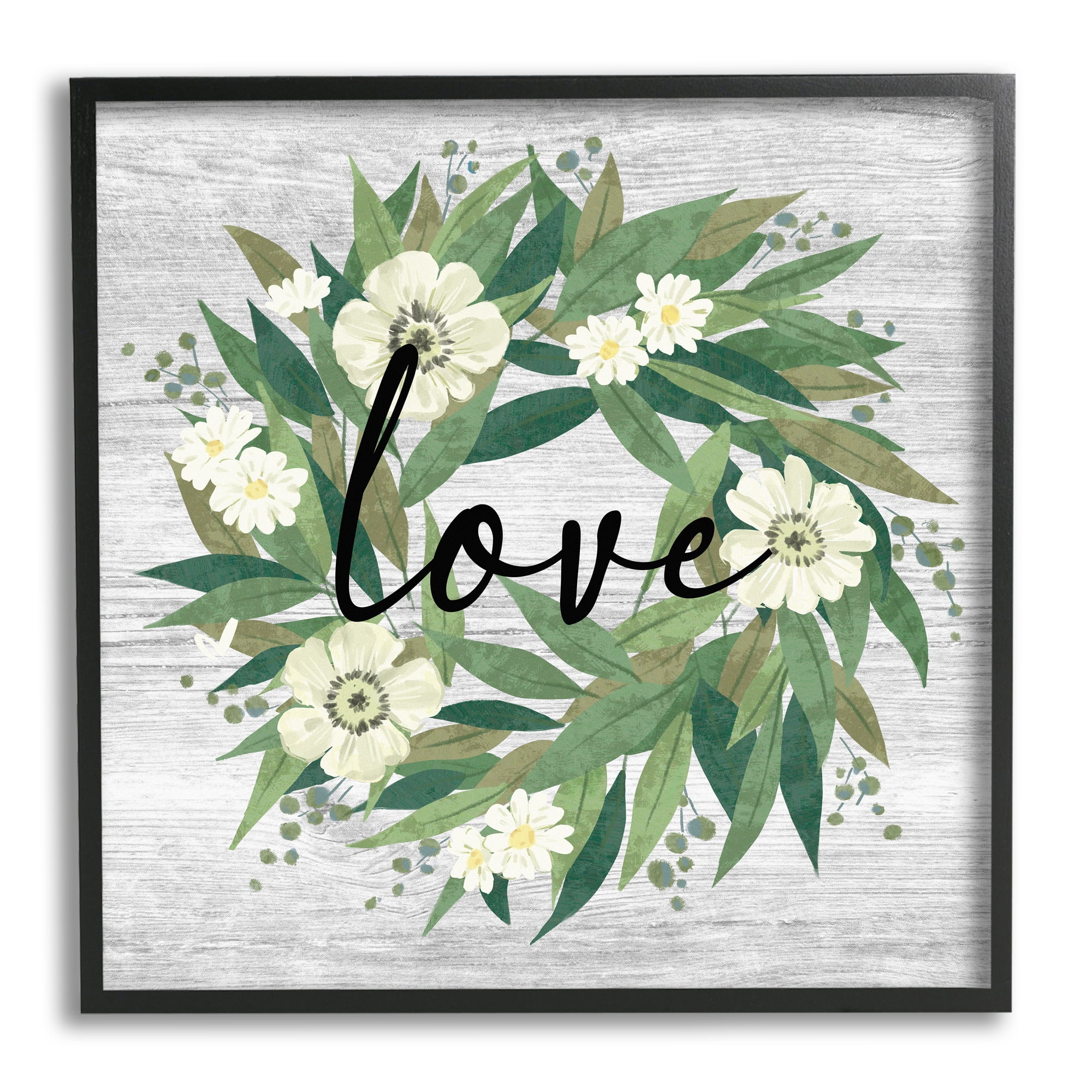 Stupell Industries Love Typography White Blossom Wreath Country Botanicals Graphic Art Black Framed Art Print Wall Art, Design by Ziwei Li