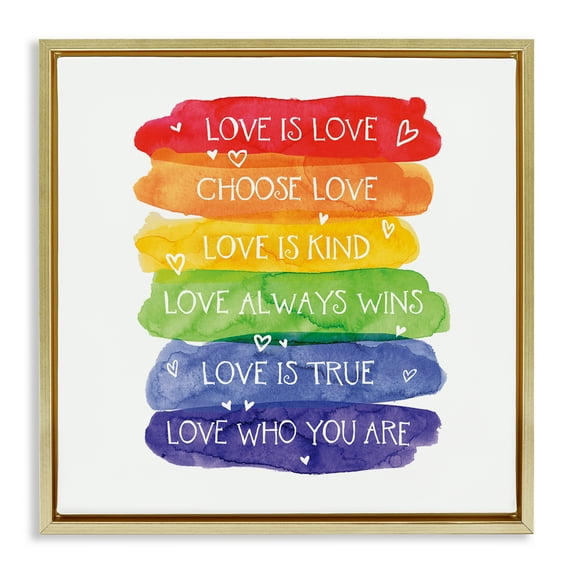 Stupell Industries Love Who You Are Rainbow Gold Framed Floater Canvas Wall Art design by Tim Coffey, 18 x 18