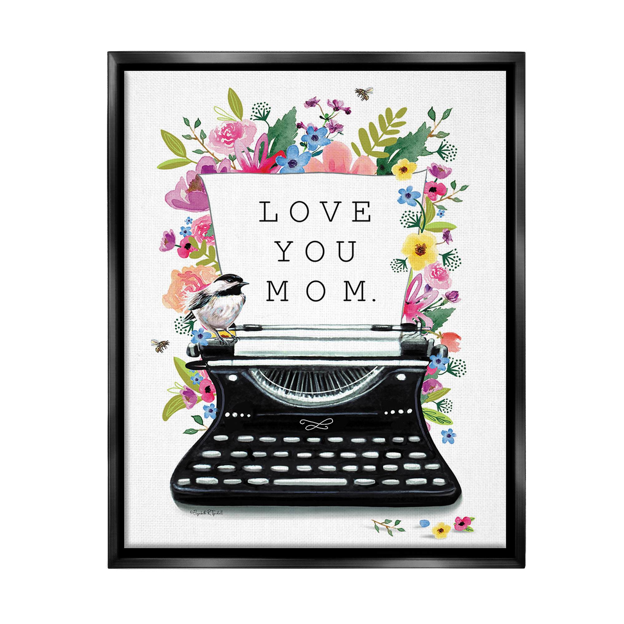 Stupell Industries Love You Mom Typewriter Botanical & Floral Painting Black Floater Framed Canvas Art Print Wall Art, 17 x 21