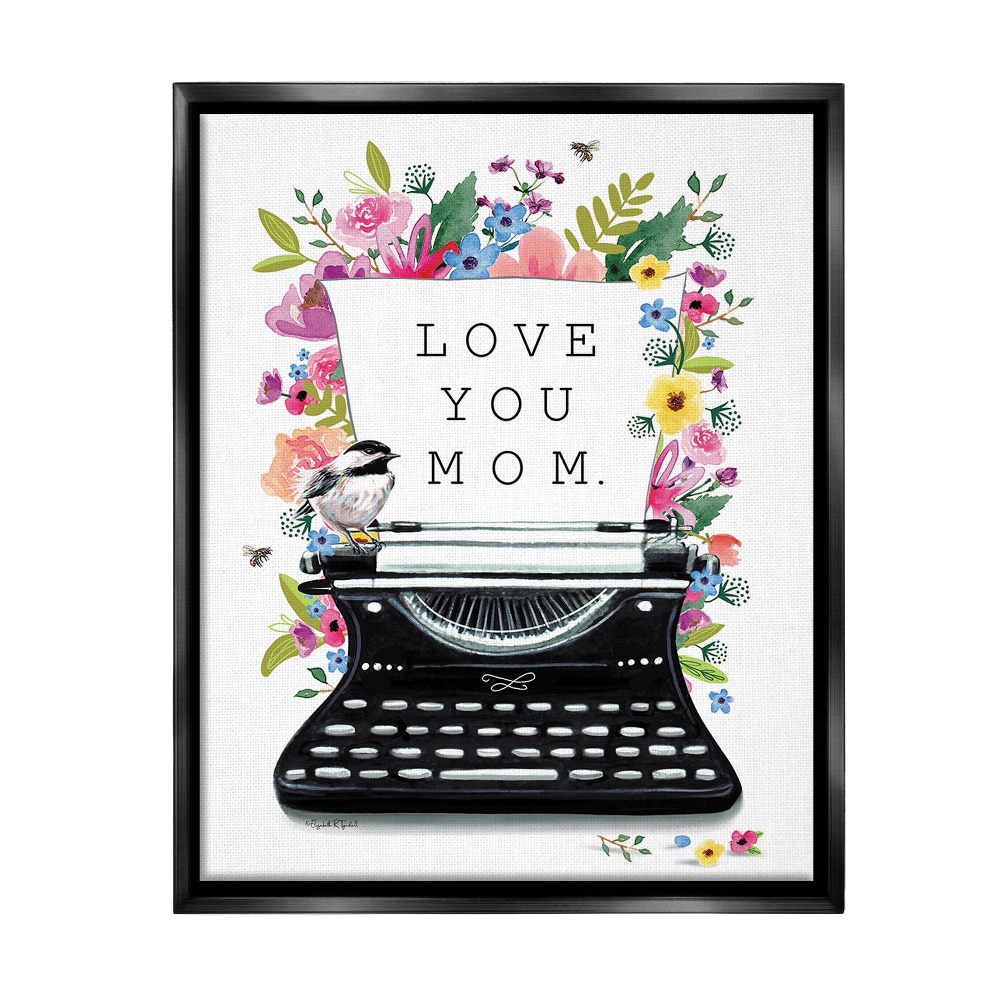 Stupell Industries Love You Mom Typewriter Botanical & Floral Painting Black Floater Framed Canvas Art Print Wall Art, 25 x 31