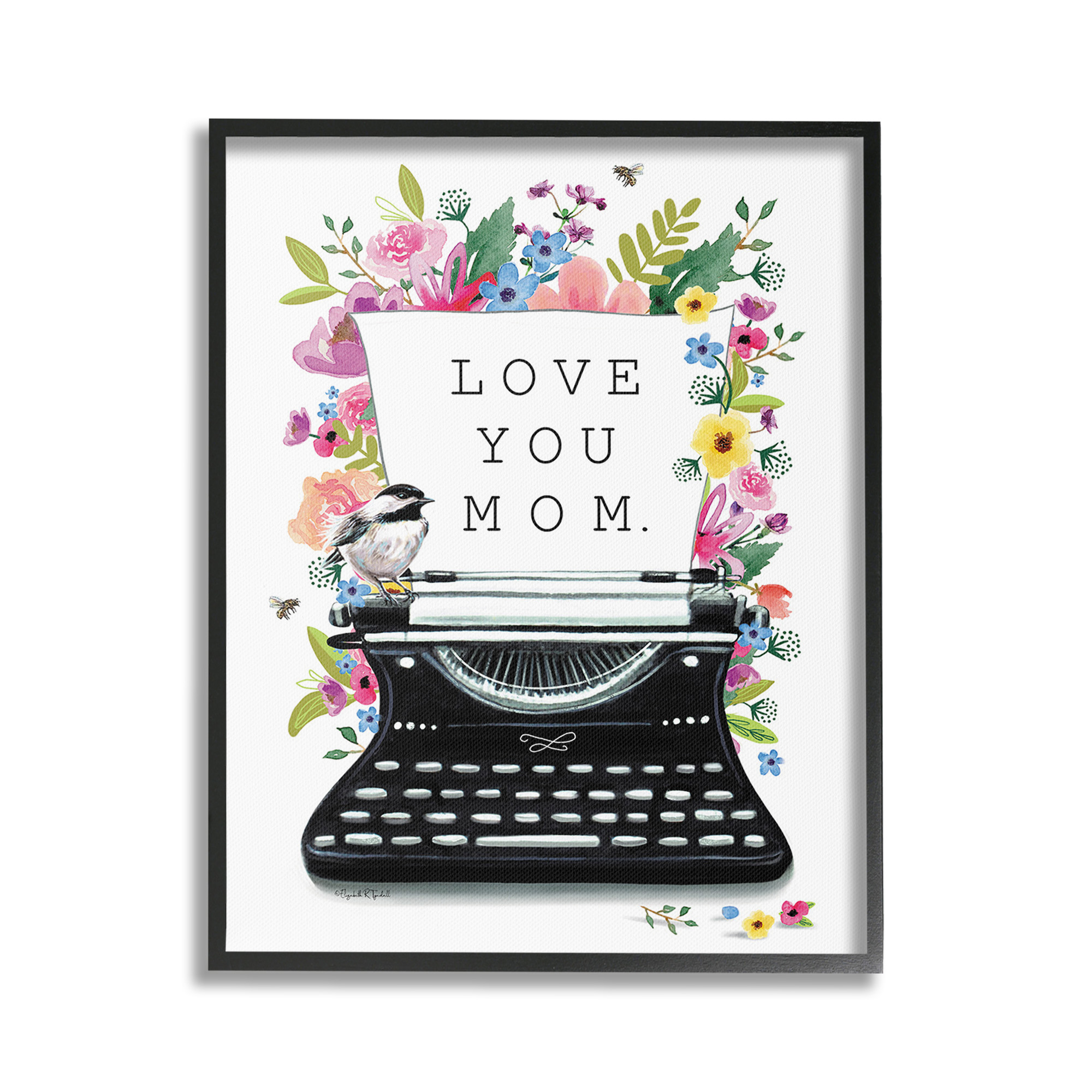 Stupell Industries Love You Mom Typewriter Botanical & Floral Painting Black Framed Art Print Wall Art, 24 x 30