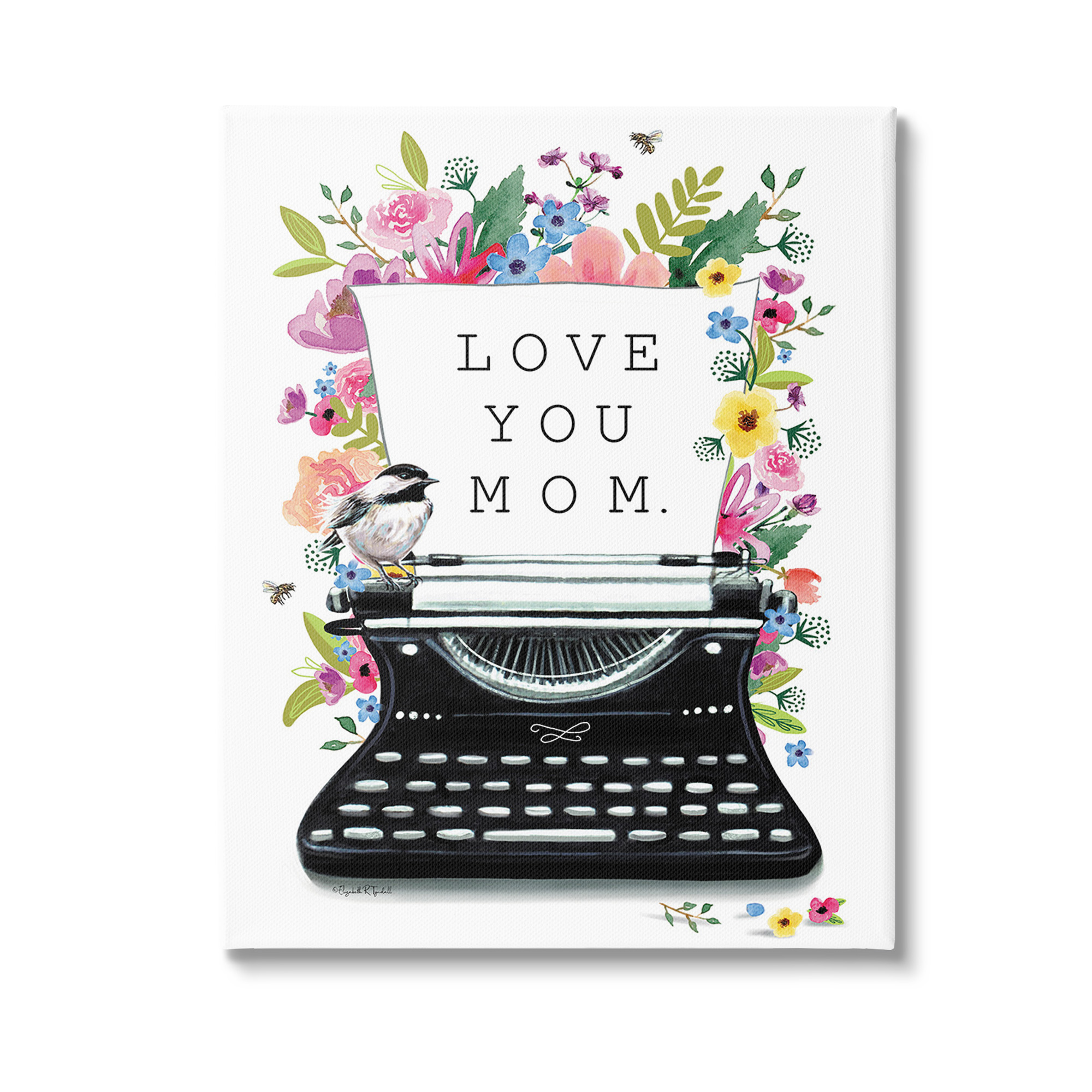Stupell Industries Love You Mom Typewriter Botanical & Floral Painting Gallery Wrapped Canvas Art Print Wall Art, 16 x 20