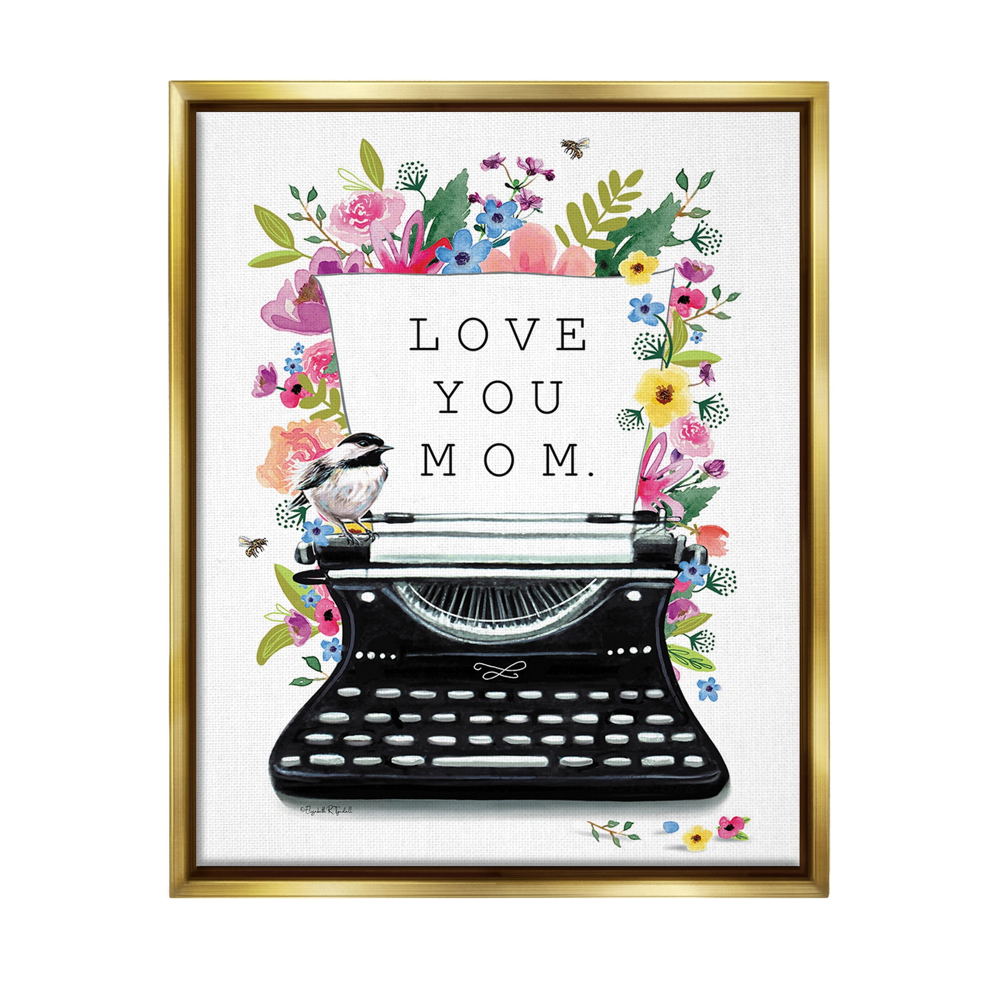 Stupell Industries Love You Mom Typewriter Botanical & Floral Painting Gold Floater Framed Canvas Art Print Wall Art, 17 x 21