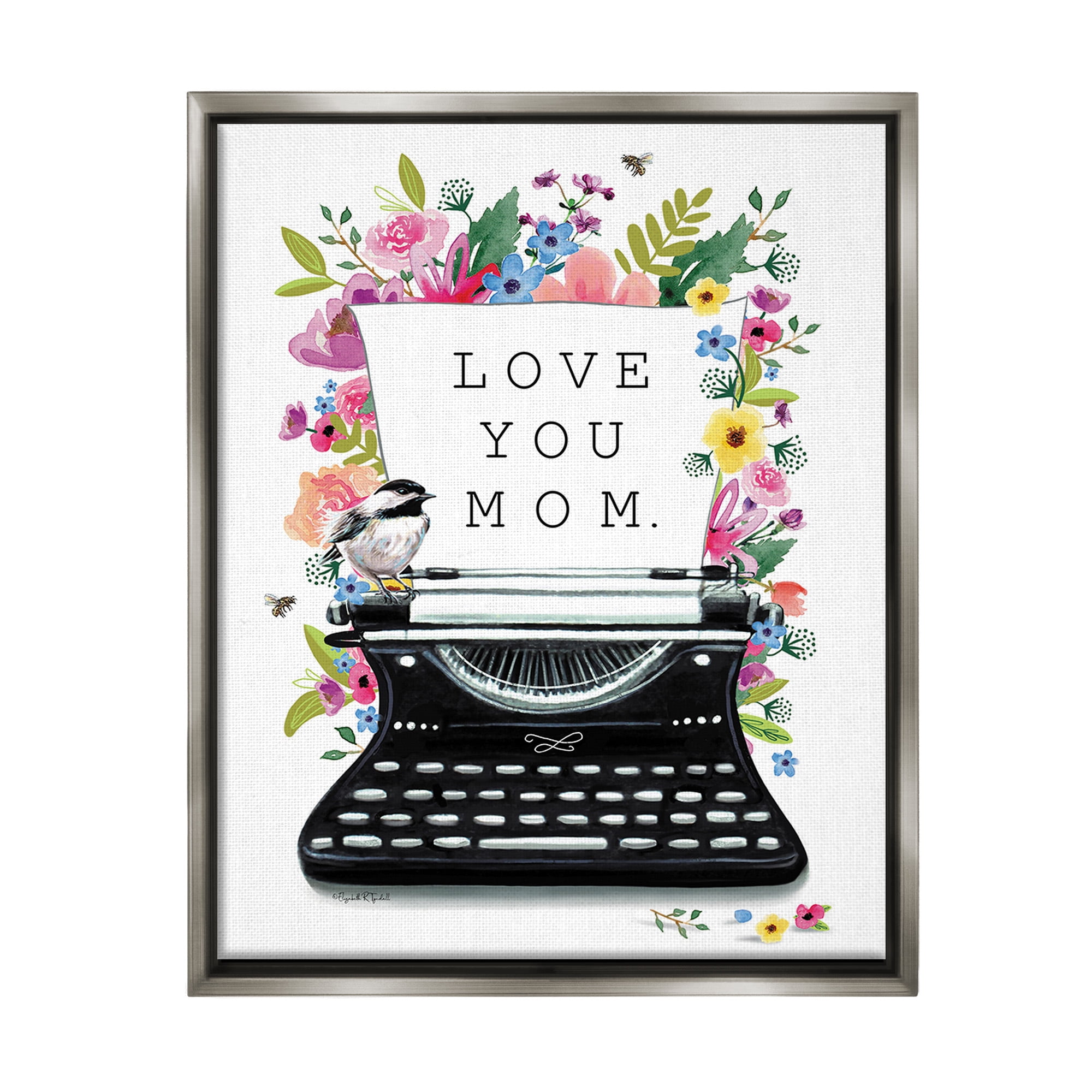 Stupell Industries Love You Mom Typewriter Botanical & Floral Painting Gray Floater Framed Canvas Art Print Wall Art, 25 x 31
