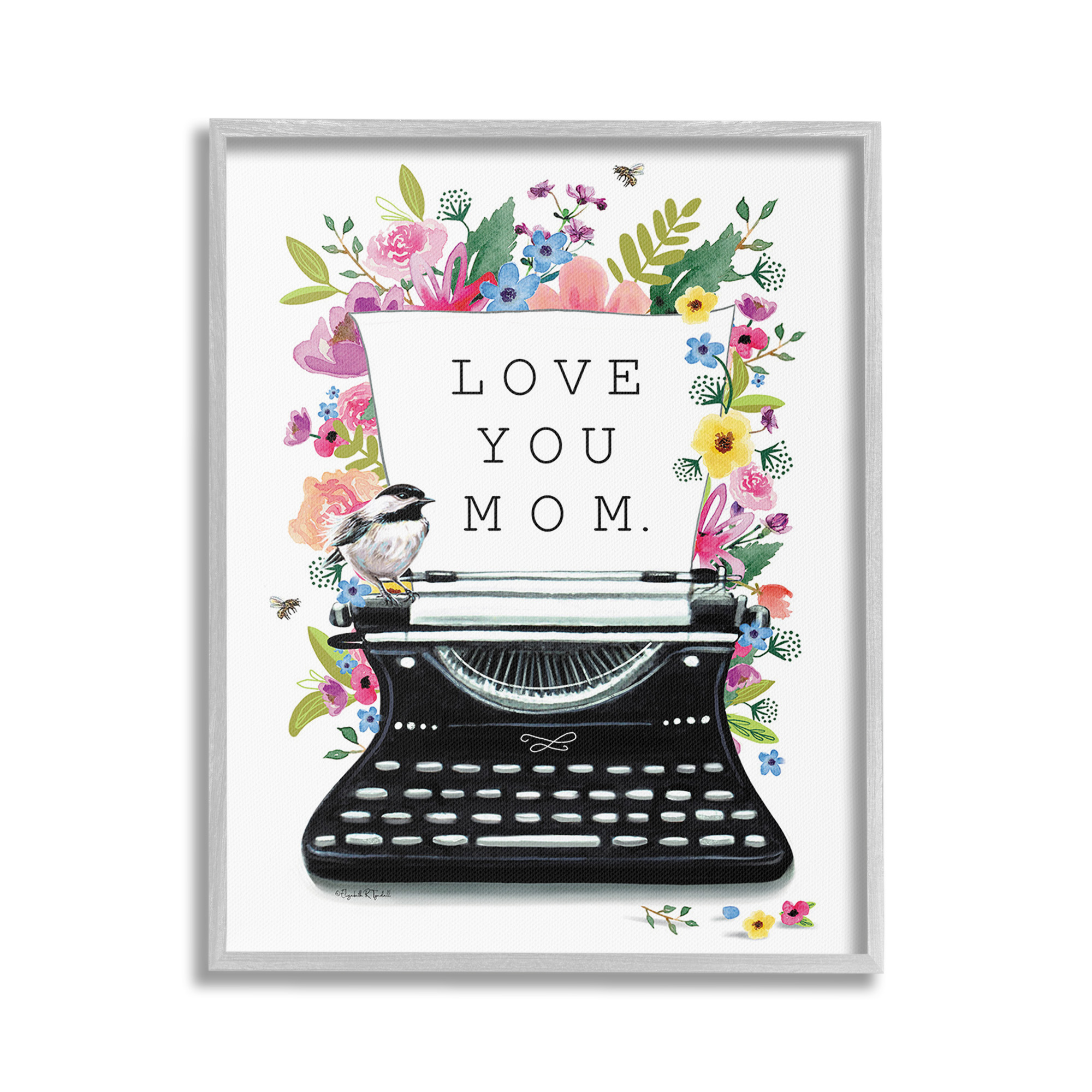 Stupell Industries Love You Mom Typewriter Botanical & Floral Painting Gray Framed Art Print Wall Art, 24 x 30