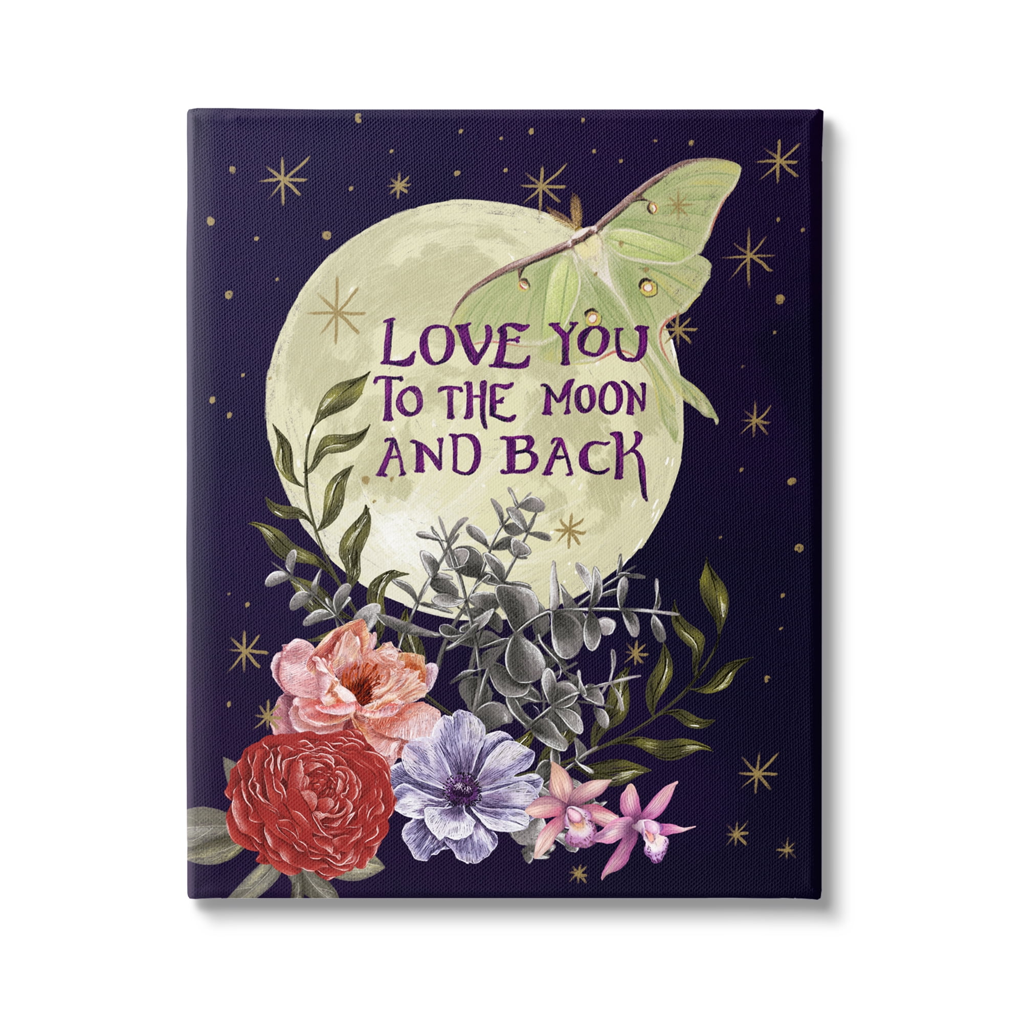 Stupell Industries Love You Moonlit Night Sky Luna Moth Flowers Graphic Art Gallery Wrapped Canvas Print Wall Art, Design by Raquel Maciel