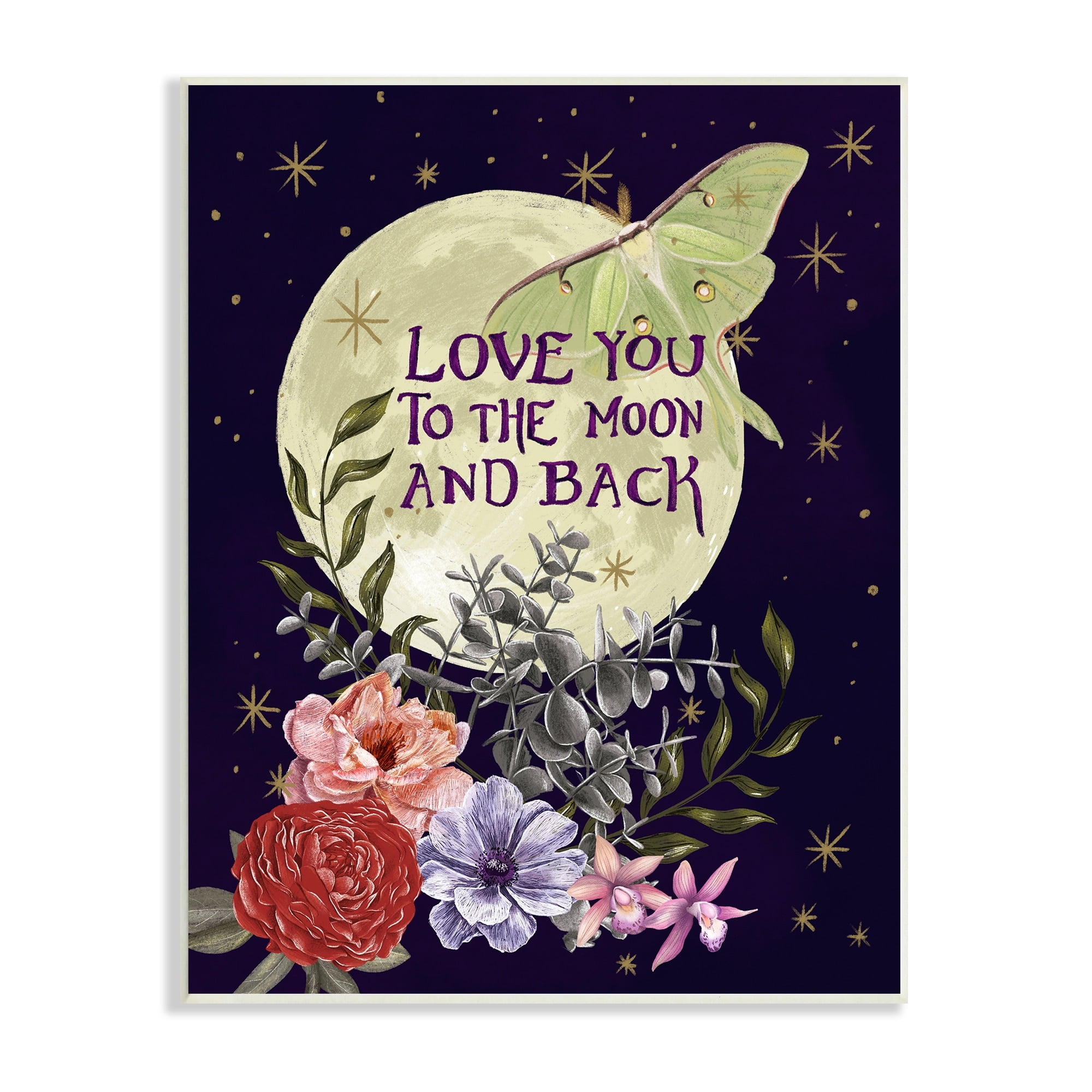 Stupell Industries Love You Moonlit Night Sky Luna Moth Flowers Graphic Art Unframed Art Print Wall Art, Design by Raquel Maciel