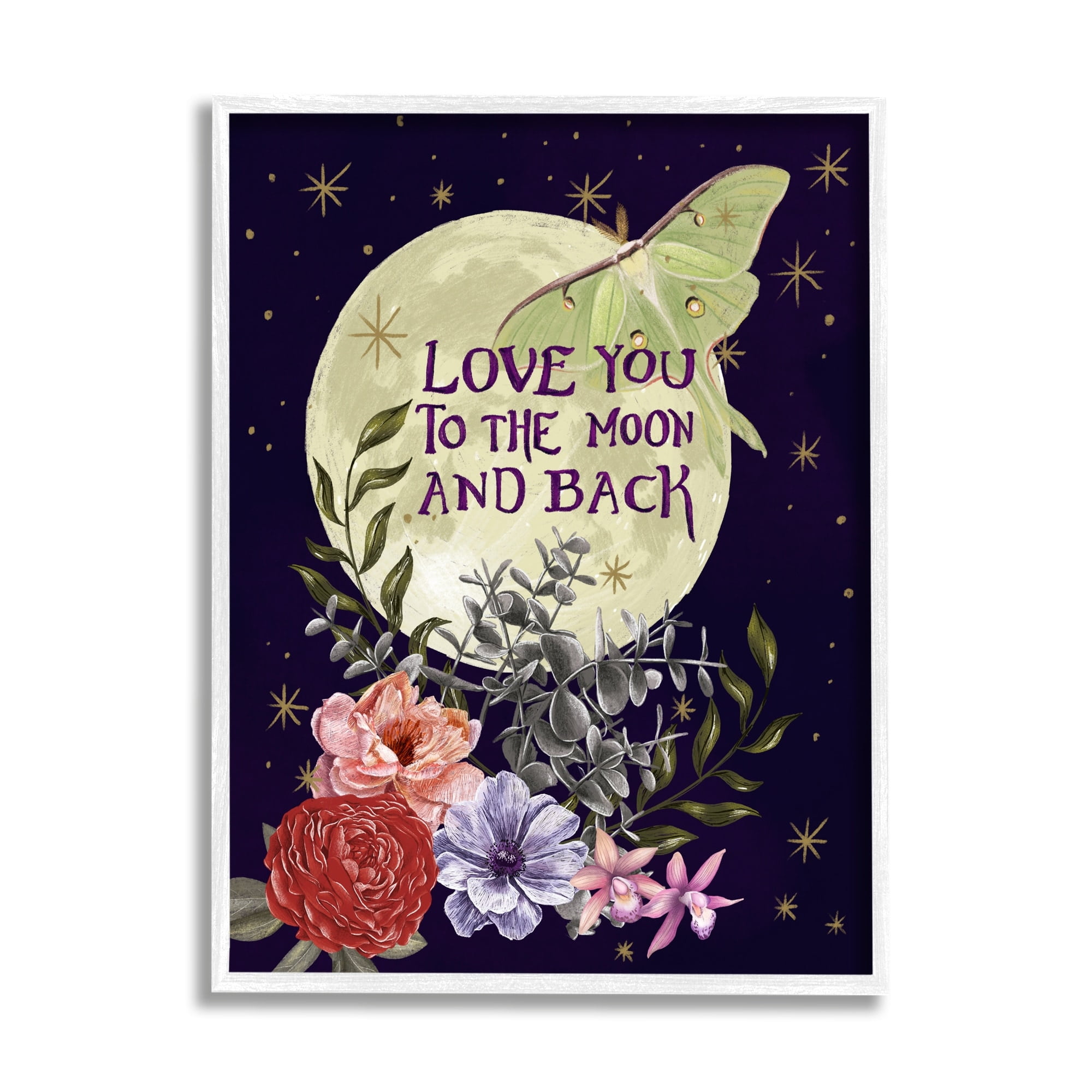 Stupell Industries Love You Moonlit Night Sky Luna Moth Flowers Graphic Art White Framed Art Print Wall Art, Design by Raquel Maciel