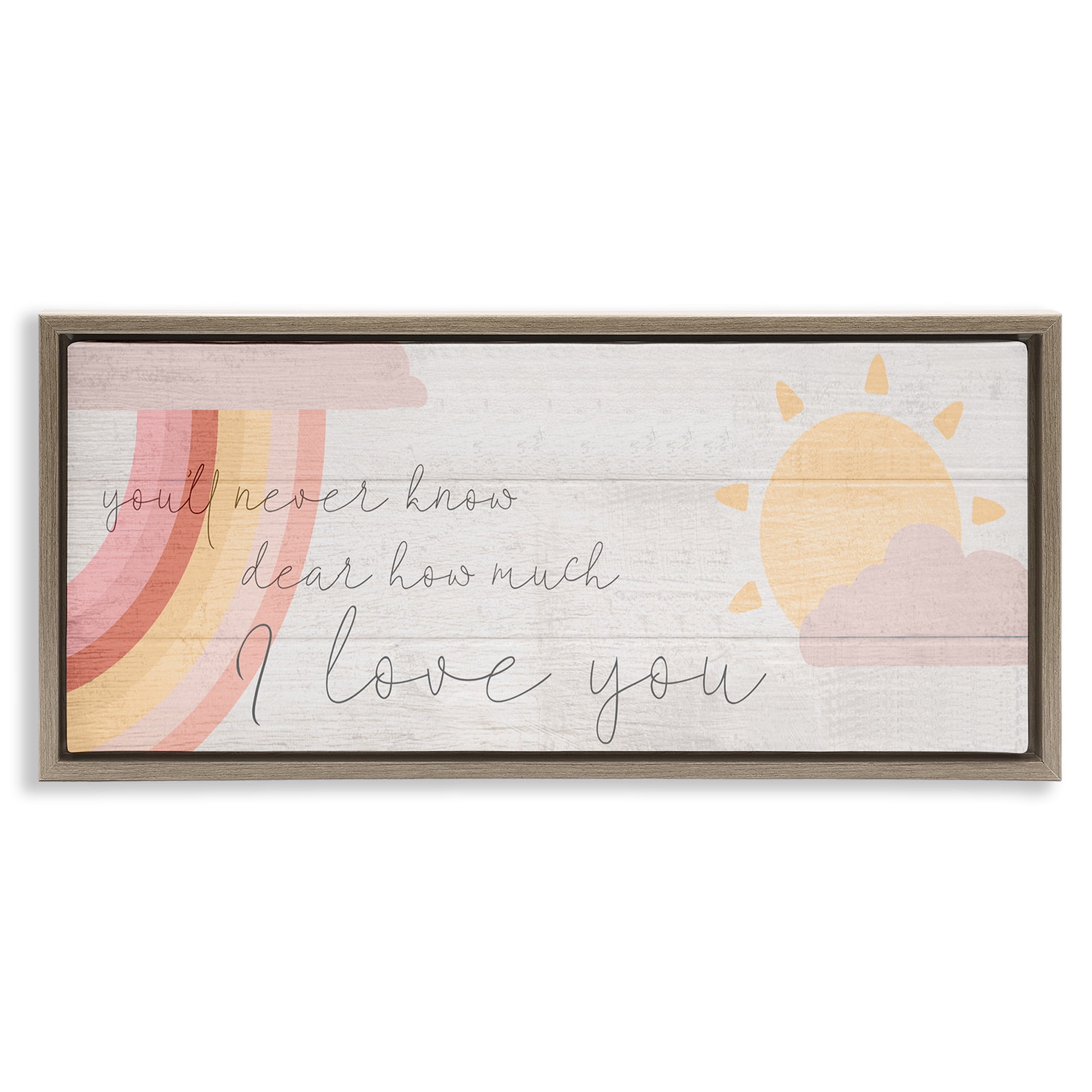 Stupell Industries Love You Pink Rainbow Phrase Typography Painting Brown Floater Framed Canvas Art Print Wall Art, 25 x 11