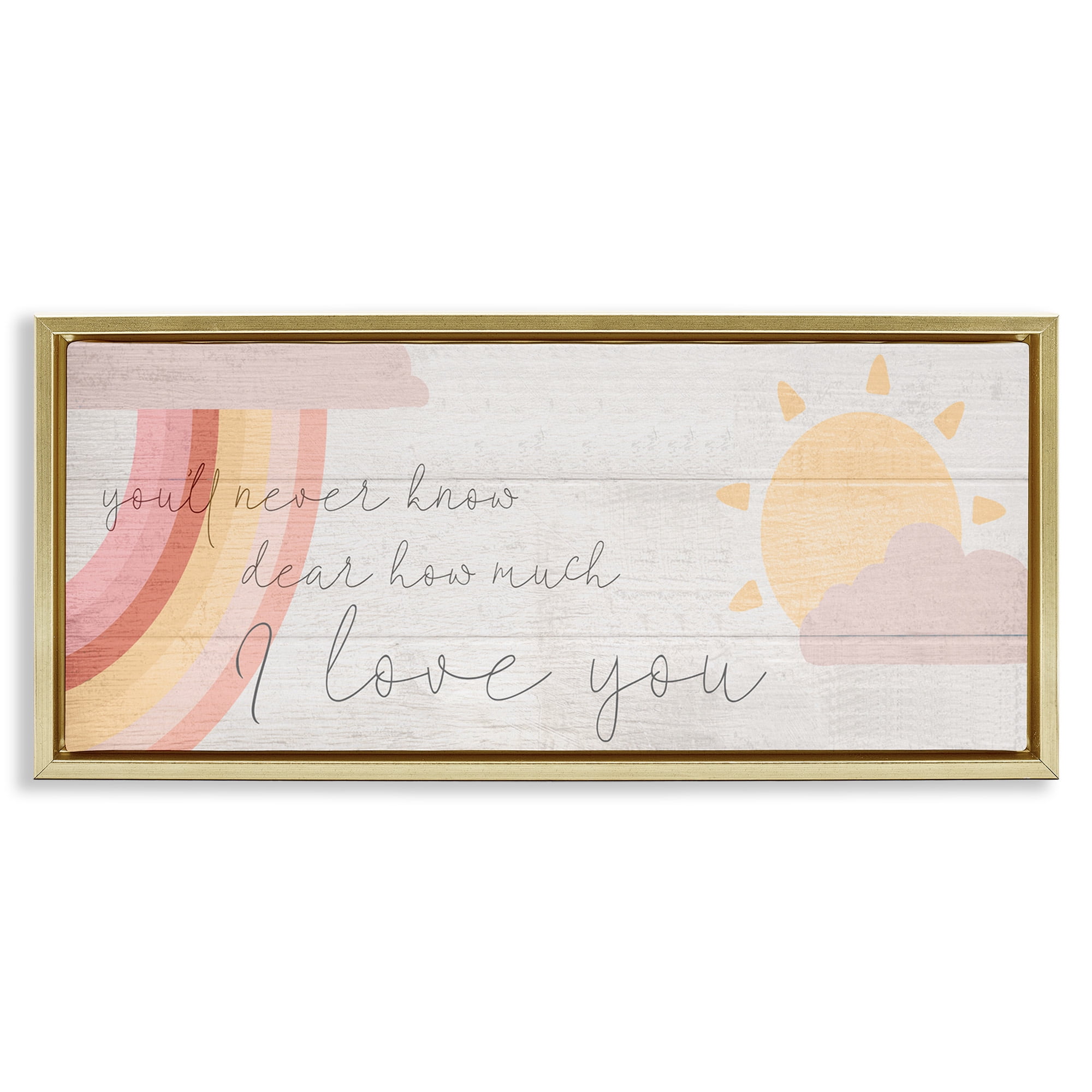 Stupell Industries Love You Pink Rainbow Phrase Typography Painting Gold Floater Framed Canvas Art Print Wall Art, 25 x 11