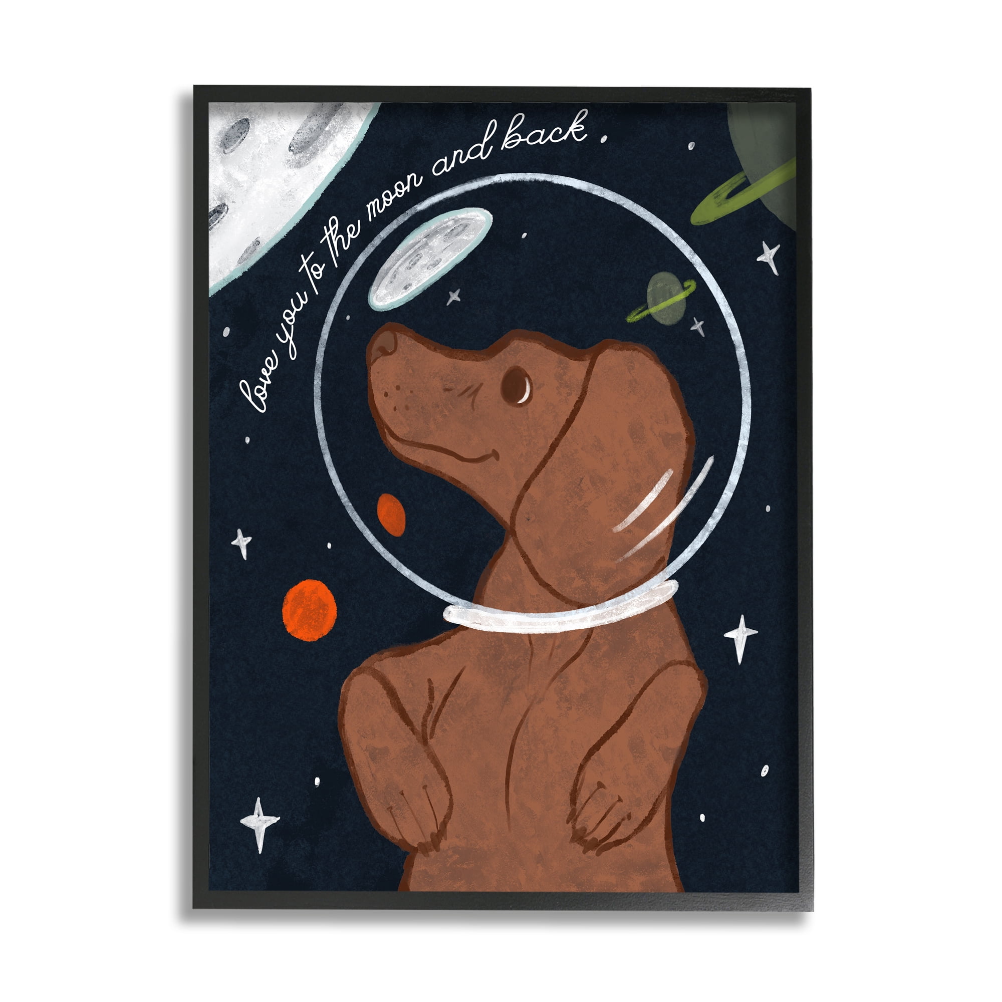 Stupell Industries Love You To Moon Sentiment Kid's Dog Astronaut Outer Space Painting Black Framed Art Print Wall Art, 24 x 30