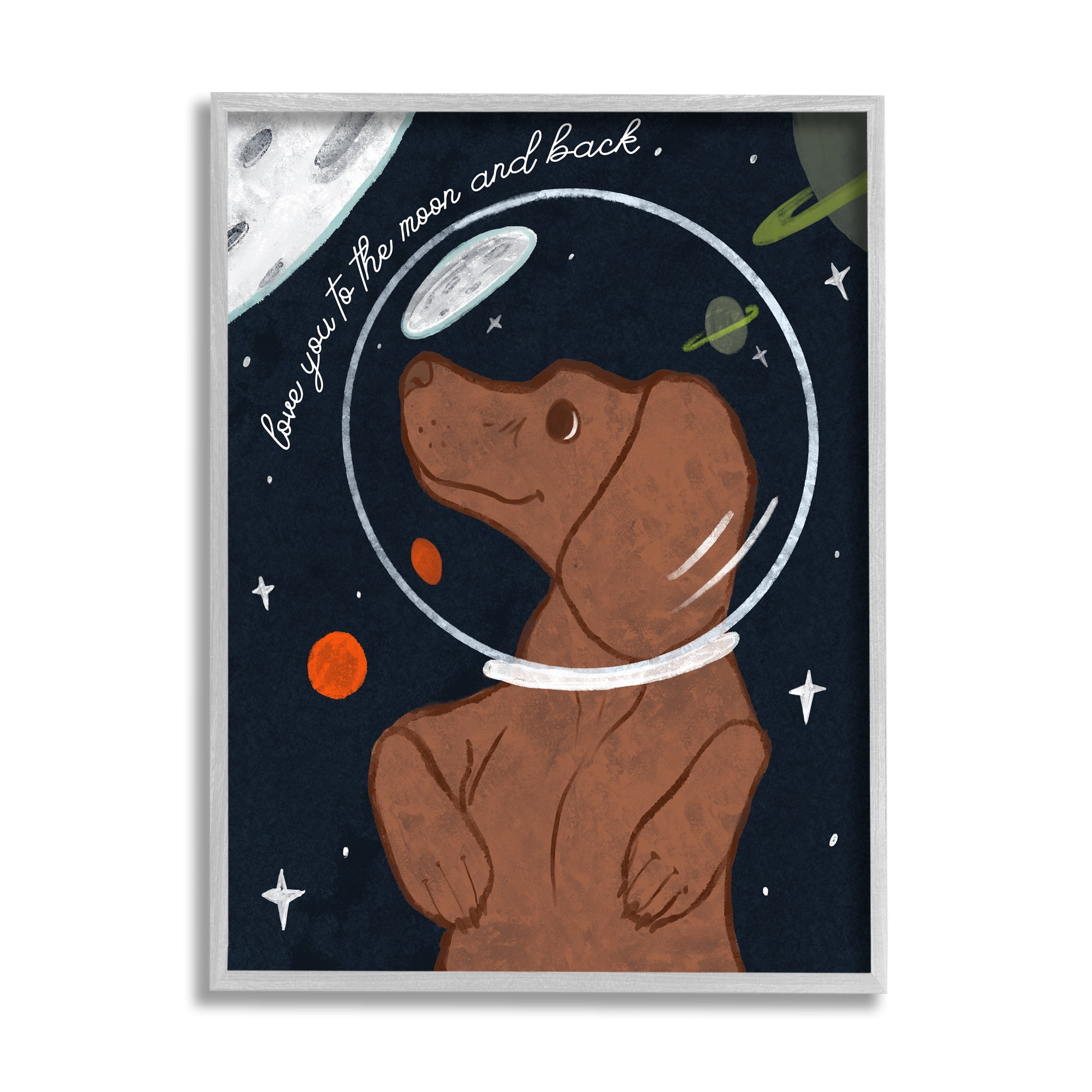 Stupell Industries Love You To Moon Sentiment Kid's Dog Astronaut Outer Space Painting Gray Framed Art Print Wall Art, 24 x 30