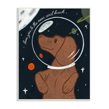 Stupell Industries Love You To Moon Sentiment Kid's Dog Astronaut Outer Space Painting Unframed Art Print Wall Art, 10 x 15