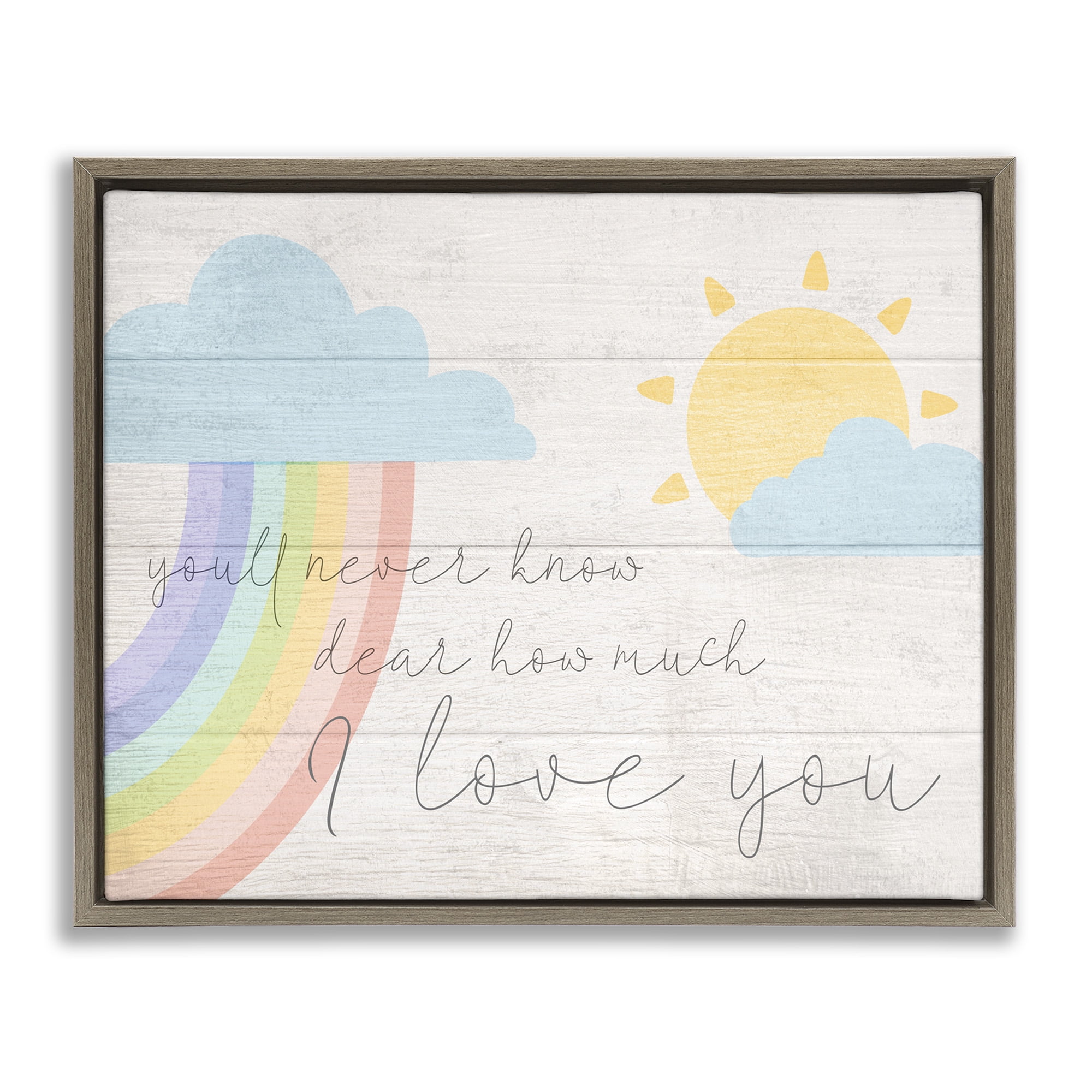 Stupell Industries Love You with Rainbow & Clouds Art for Kids Painting Brown Floater Framed Canvas Art Print Wall Art, 31 x 25