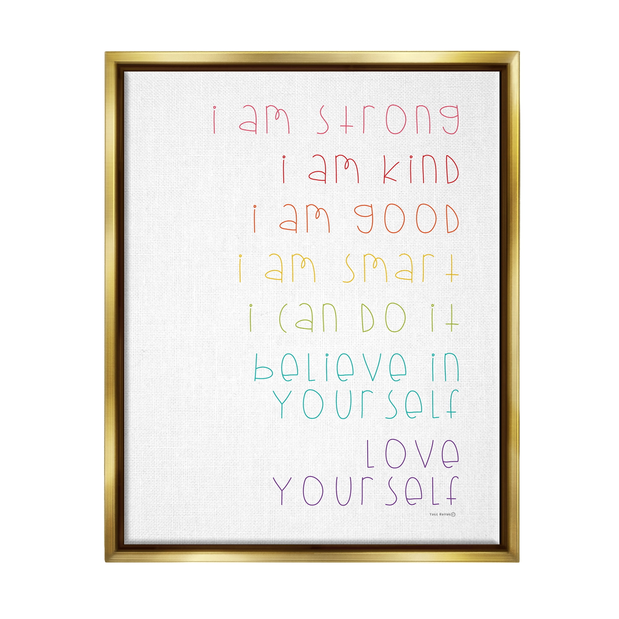 Stupell Industries Love Yourself Confidence Phrases Inspirational Painting Gold Floater Framed Canvas Art Print Wall Art, 17 x 21