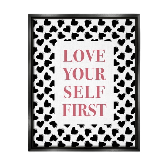 Stupell Industries Love Yourself First Phrase Graphic Art Jet Black Floating Framed Canvas Print Wall Art, Design by Martina Pavlova