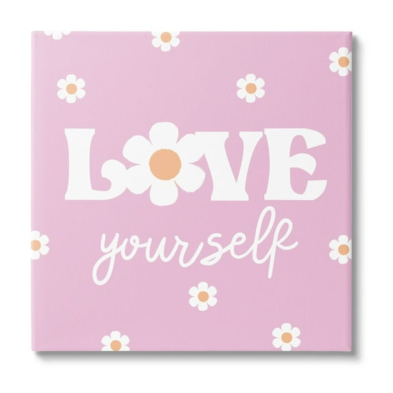 Stupell Industries Love Yourself Pink Daisies Phrase Inspirational Painting Gallery Wrapped Canvas Print Wall Art