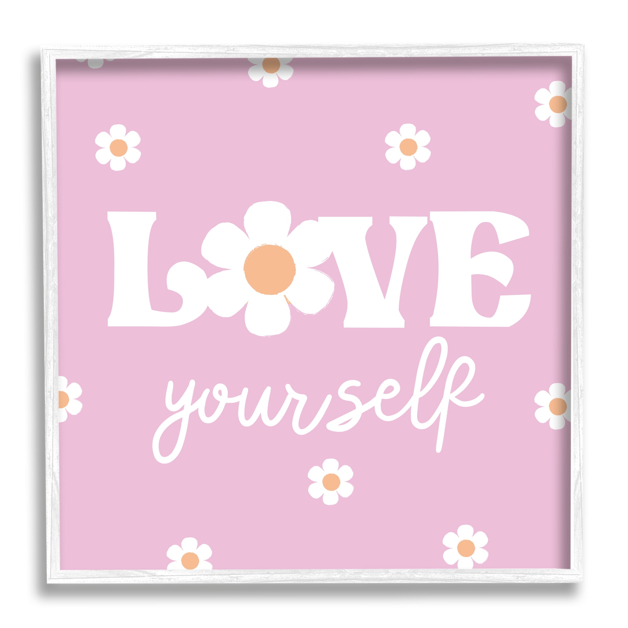 Stupell Industries Love Yourself Pink Daisies Phrase Inspirational Painting White Framed Art Print Wall Art