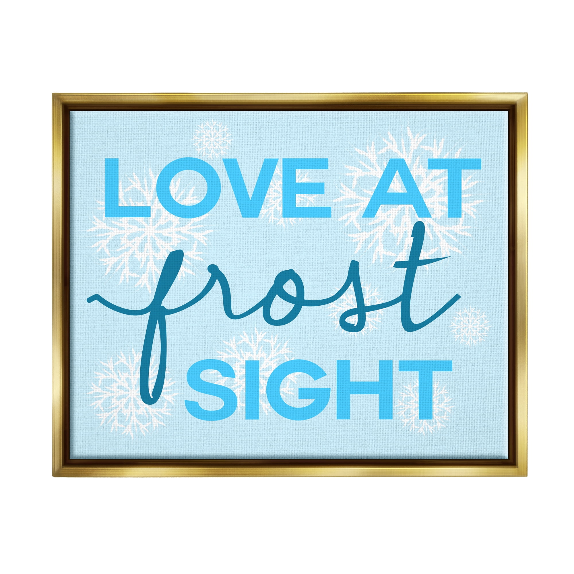 Stupell Industries Love at Frost Sight Pun Holiday Painting Gold Floater Framed Canvas Art Print Wall Art, 21 x 17