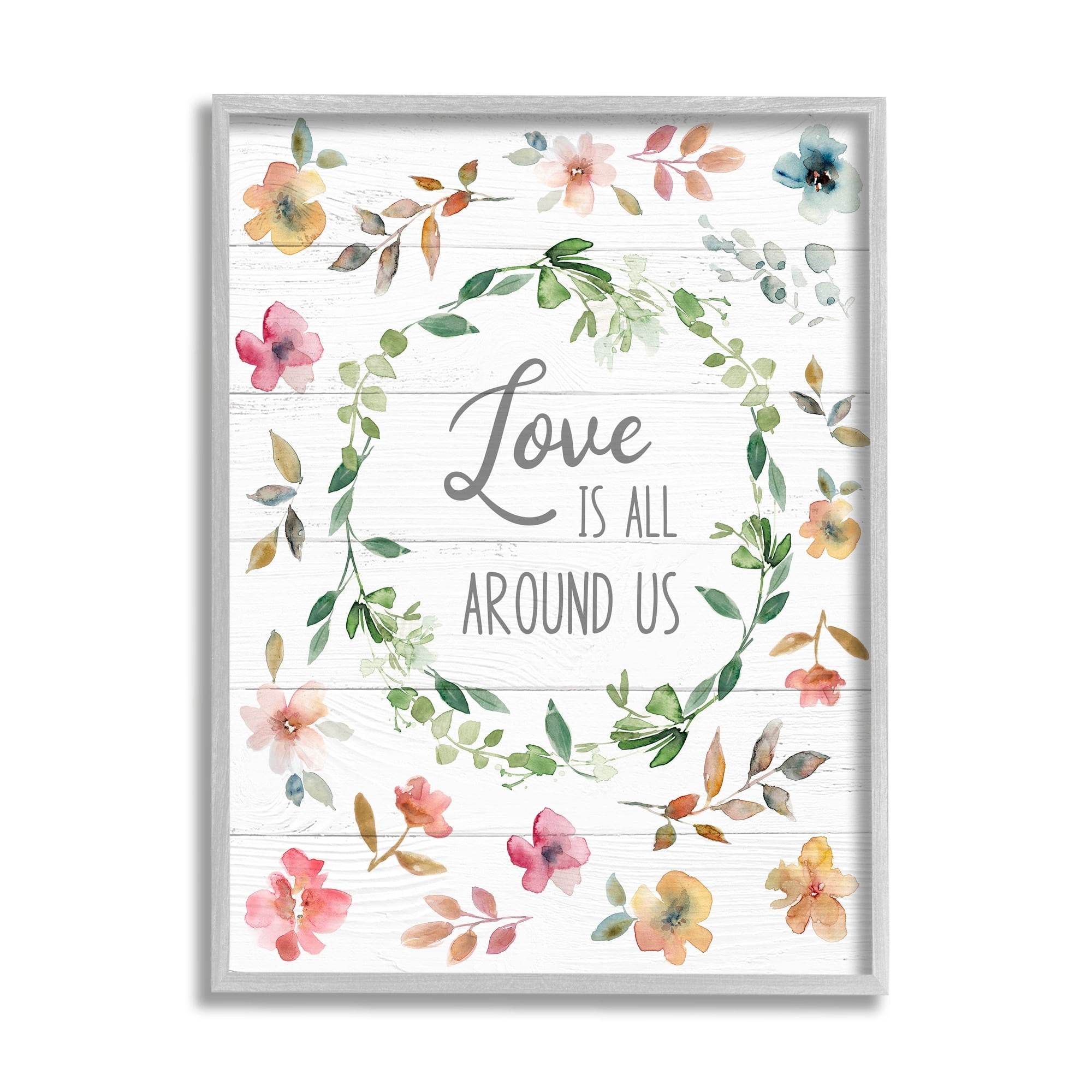Stupell Industries Love is Around Us Motivational Spring Phrase Watercolor Flowers Gray Framed Art Print Wall Art, 11x14, by Carol Robinson