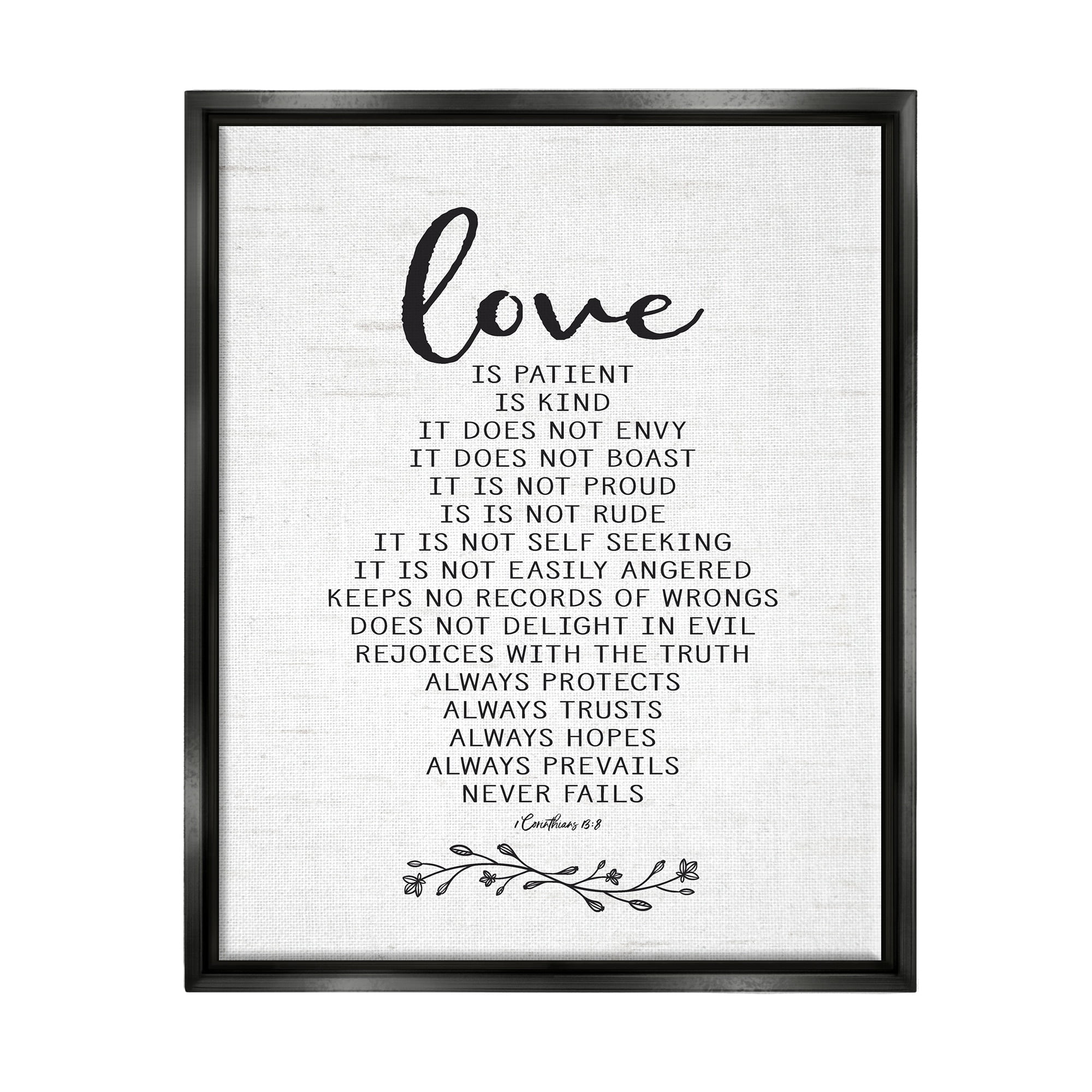 Stupell Industries Love is.. Uplifting Heartfelt Quote Spiritual Scripture Graphic Art Jet Black Floating Framed Canvas Print Wall Art, Design by Lettered and Lined