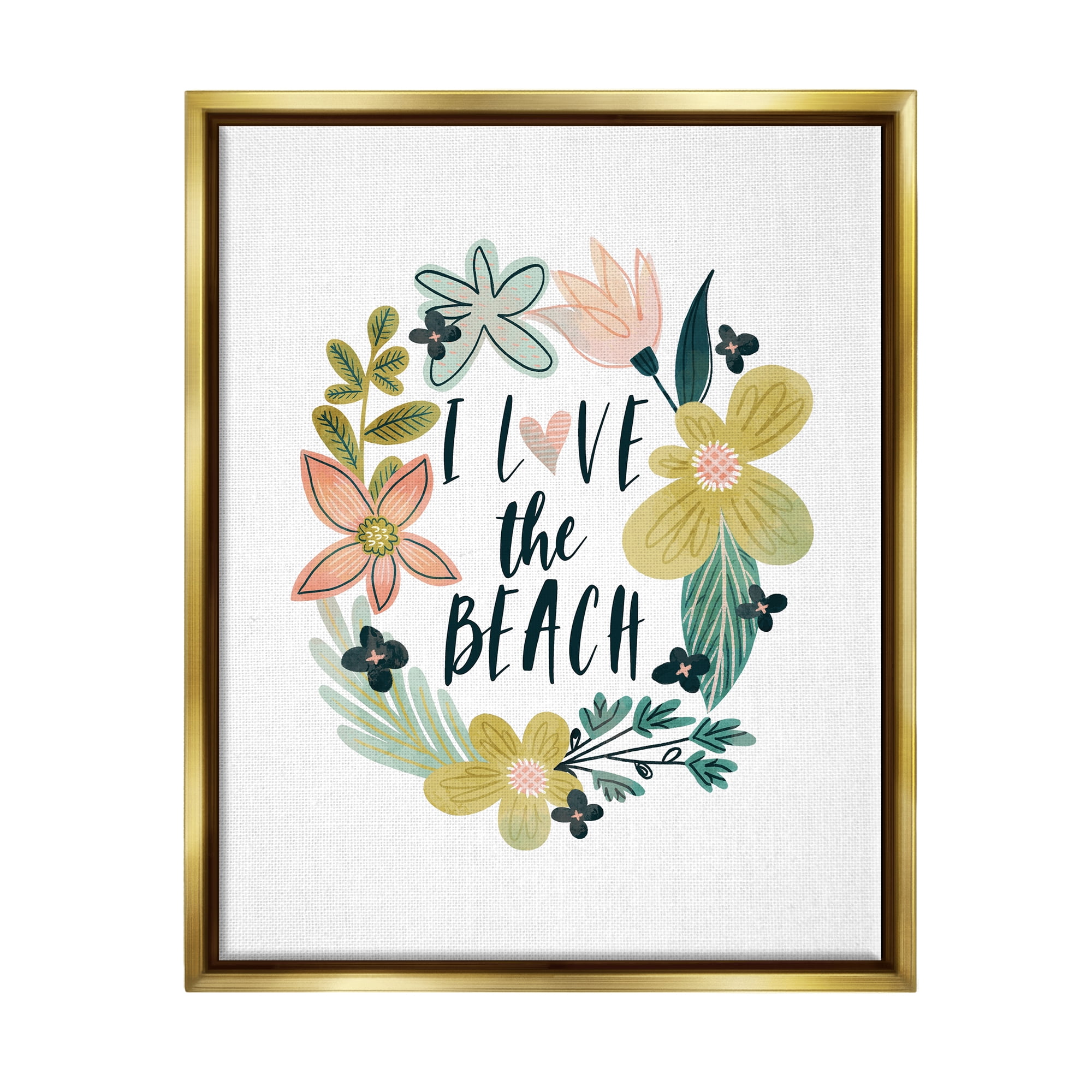 Stupell Industries Love the Beach Wreath Botanical & Floral Painting Gold Floater Framed Art Print Wall Art, 25 x 31