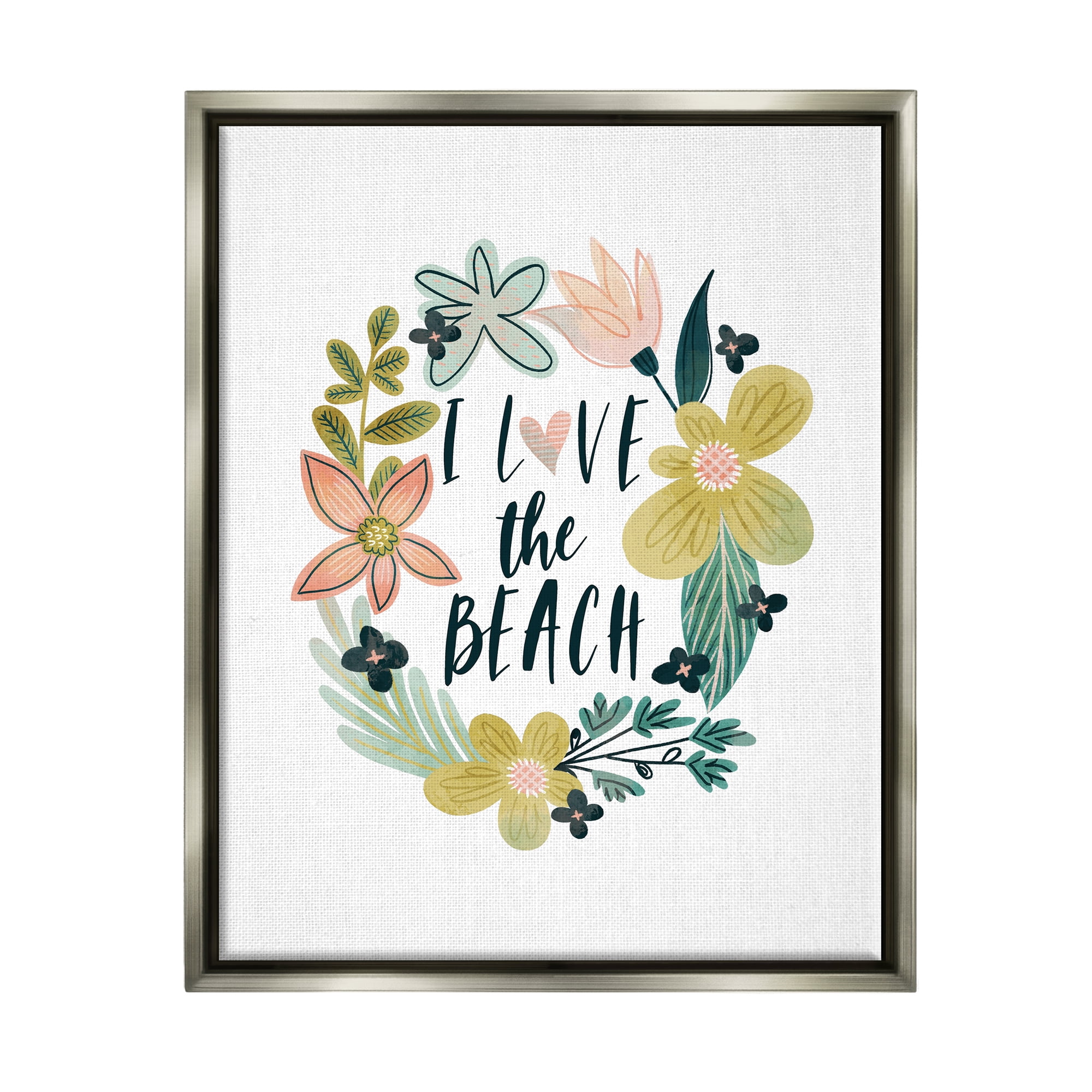 Stupell Industries Love the Beach Wreath Botanical & Floral Painting Gray Floater Framed Art Print Wall Art, 17 x 21