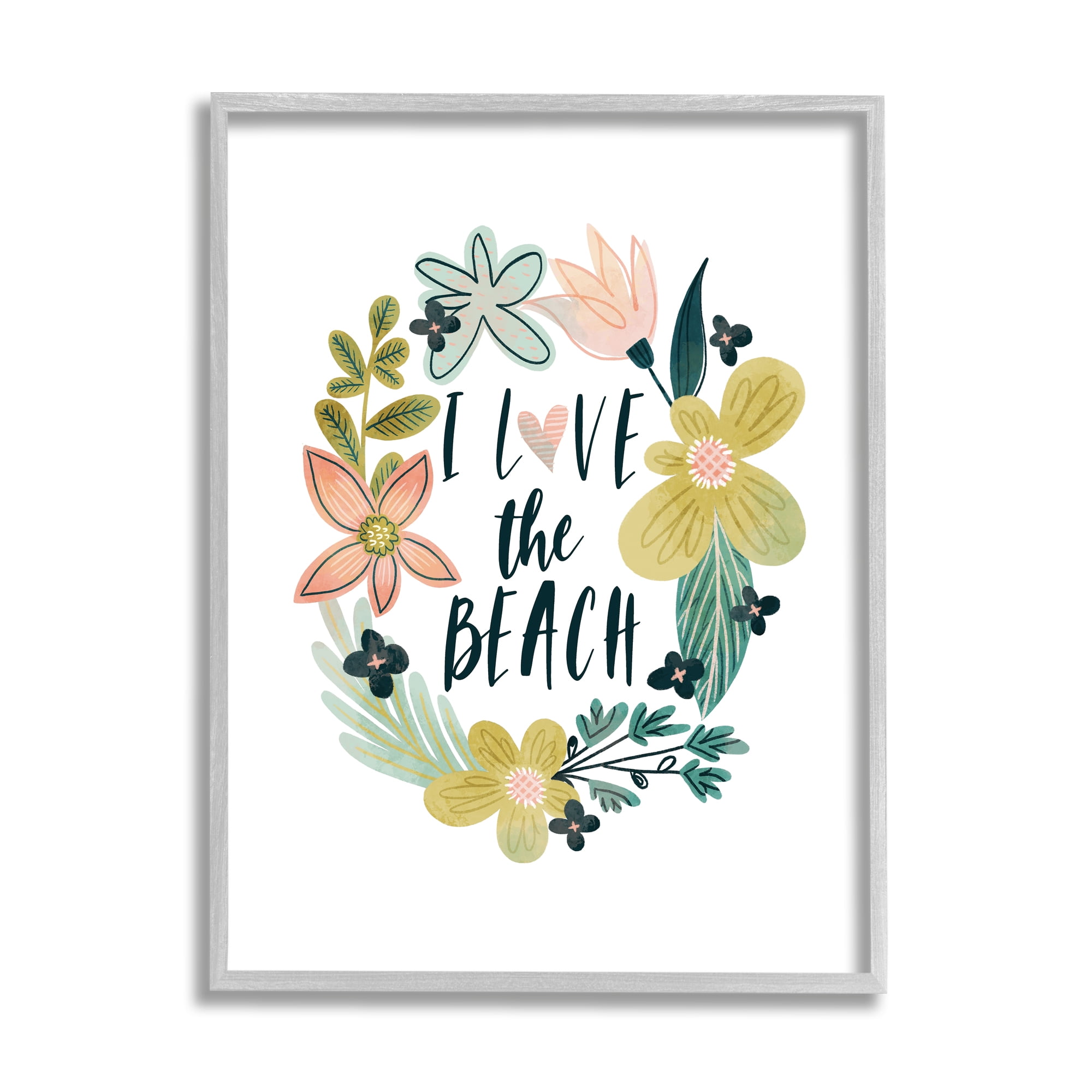 Stupell Industries Love the Beach Wreath Botanical & Floral Painting Gray Framed Art Print Wall Art, 24 x 30