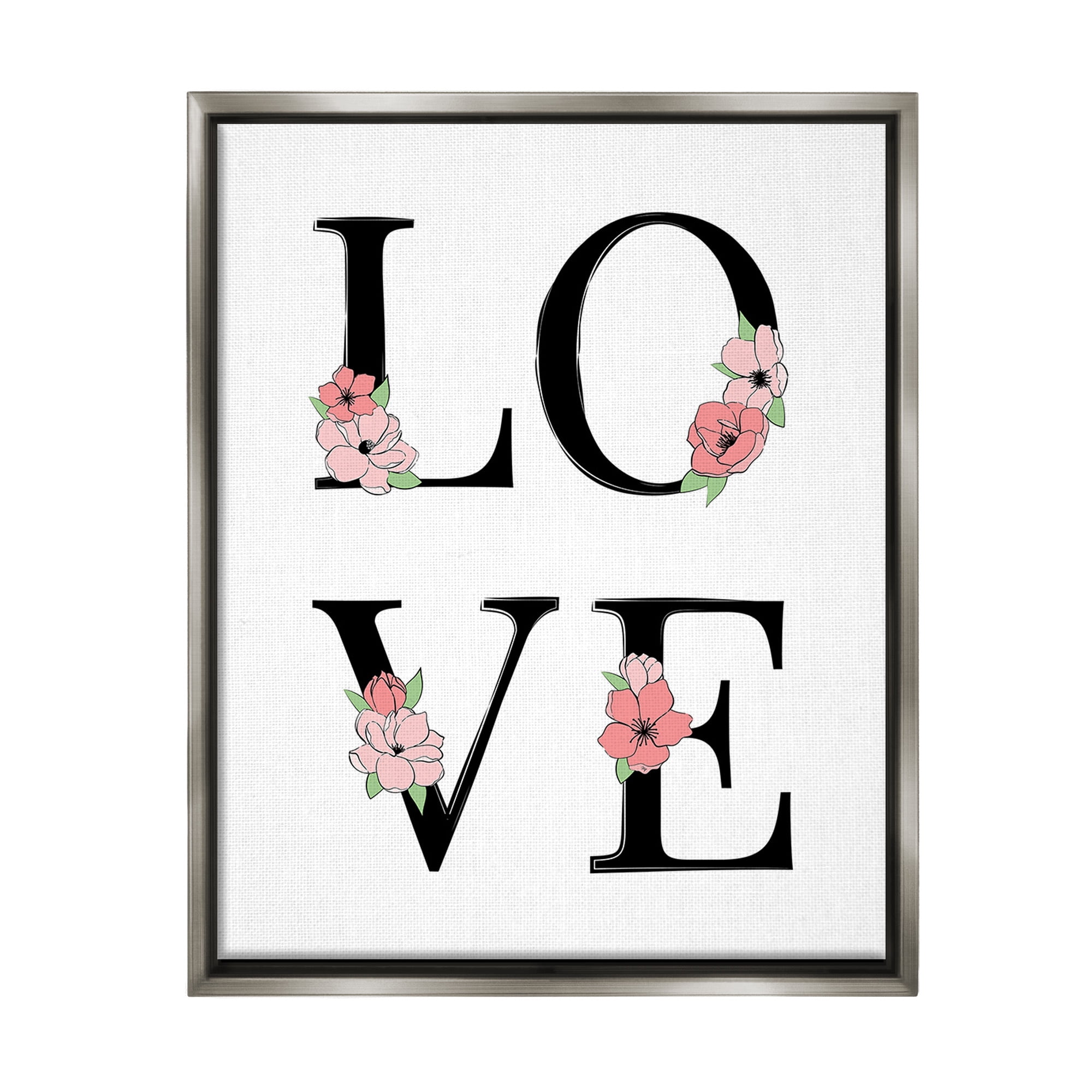 Stupell Industries Love with Floral Letters Botanical & Floral Painting Gray Floater Framed Canvas Art Print Wall Art, 25 x 31