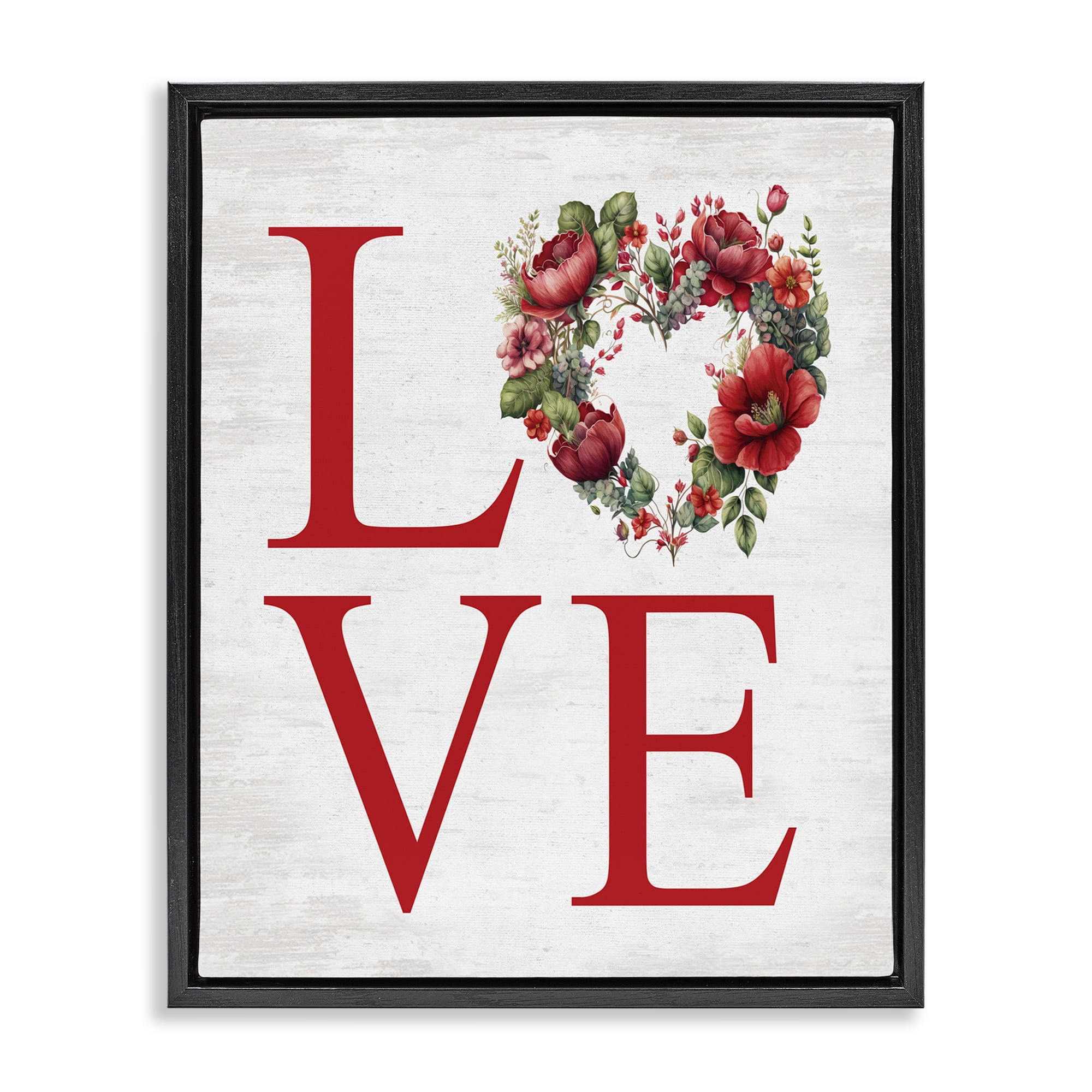 Stupell Industries Love with Heart Wreath Botanical & Floral Painting Black Floater Framed Canvas Art Print Wall Art, 17 x 21