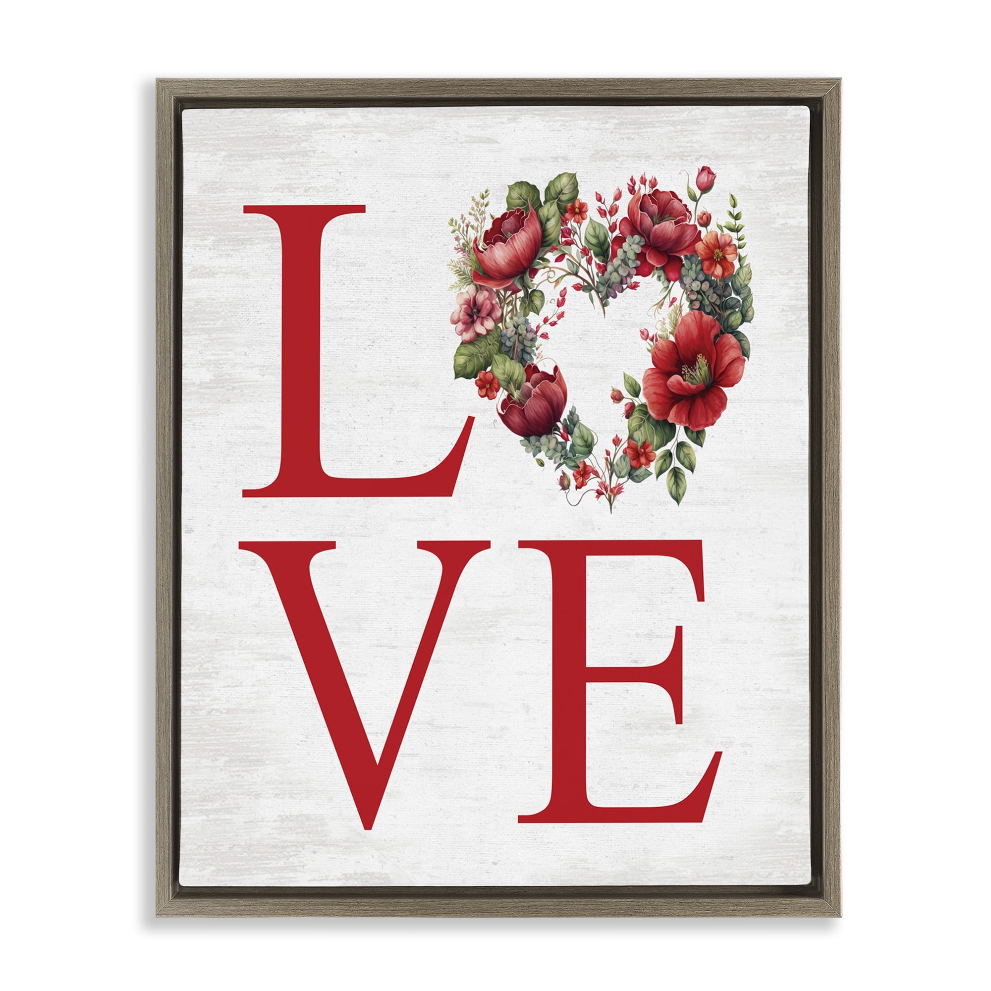 Stupell Industries Love with Heart Wreath Botanical & Floral Painting Brown Floater Framed Canvas Art Print Wall Art, 25 x 31